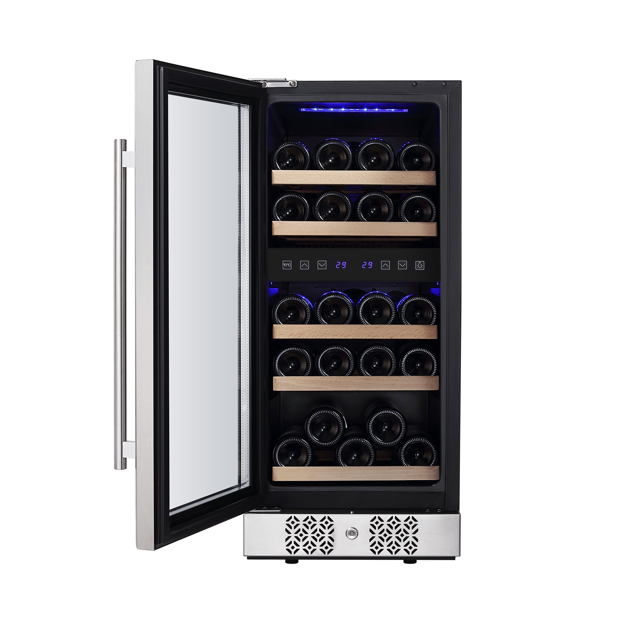 An open wine refrigerator, the sleek Empava 15 Inch Dual Zone Small Wine Fridge with a stainless steel exterior, displays multiple shelves of horizontally lying wine bottles. The interior is illuminated by blue LED lighting and features a digital control panel showing temperature settings.