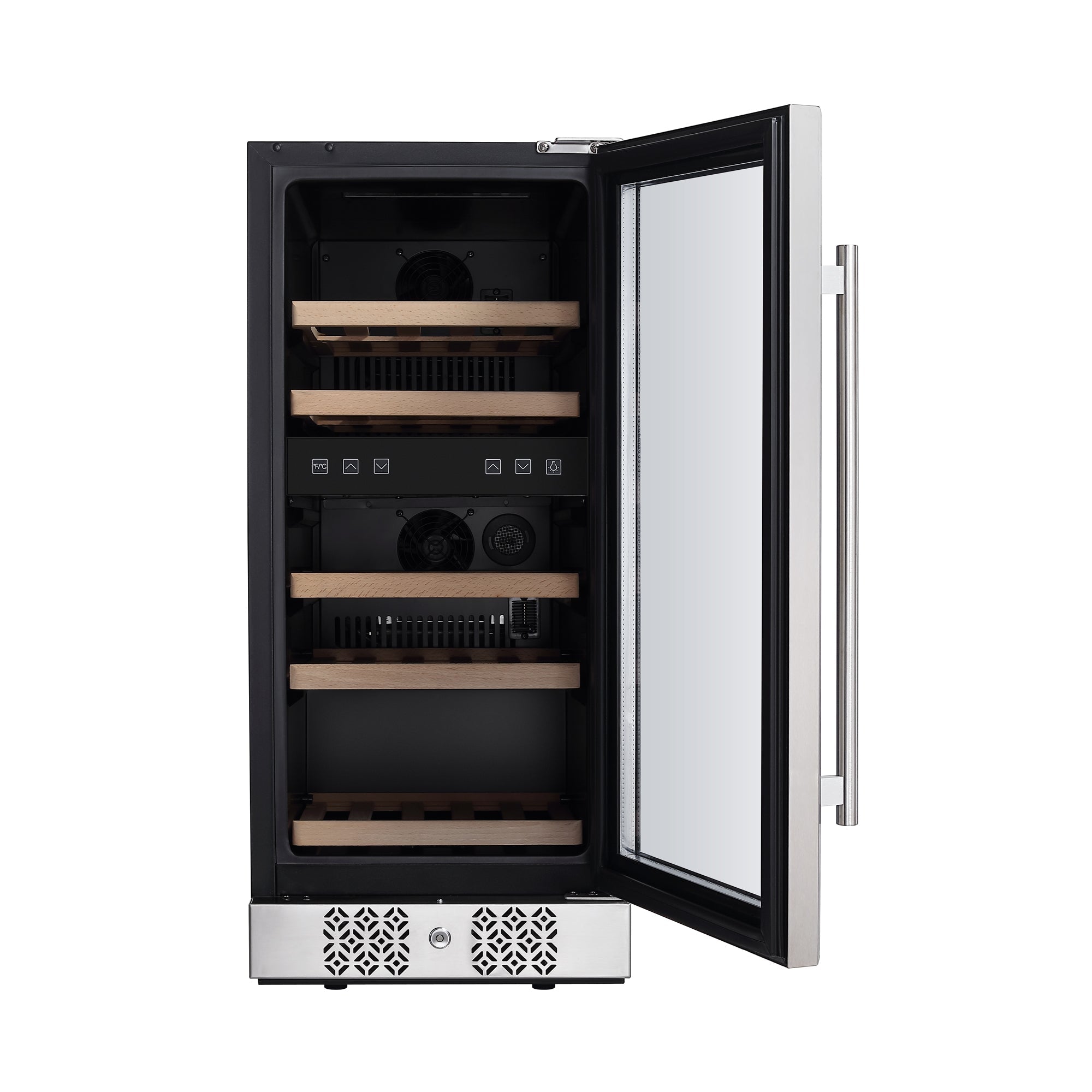 Image of the Empava 15 Inch Dual Zone Small Wine Fridge, featuring a glass door partially open. Inside, there are multiple wooden shelves designed to hold wine bottles. The unit includes digital controls and a vent at the bottom for air circulation.