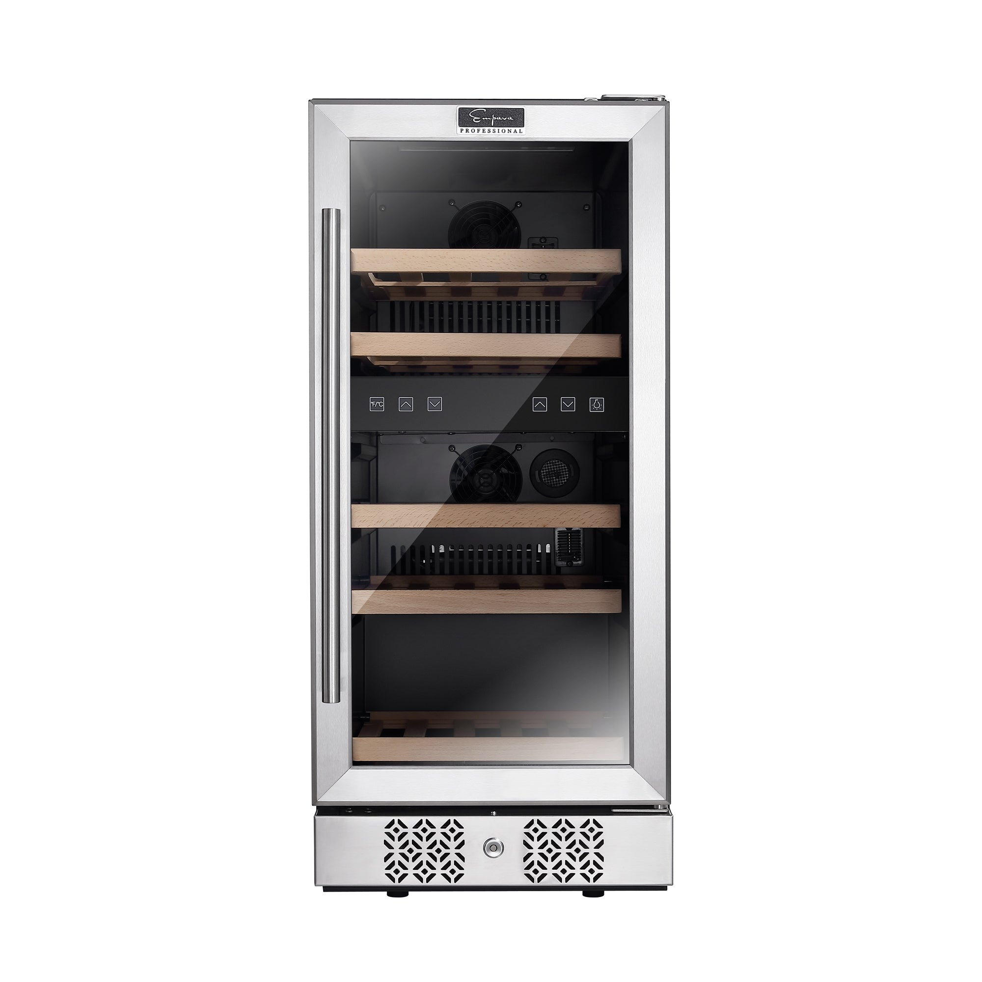 The Empava 15 Inch Dual Zone Small Wine Fridge features a transparent glass door that showcases its wooden shelves inside. This sleek, modern design includes an air vent at the bottom and two wooden racks clearly visible through the glass door.