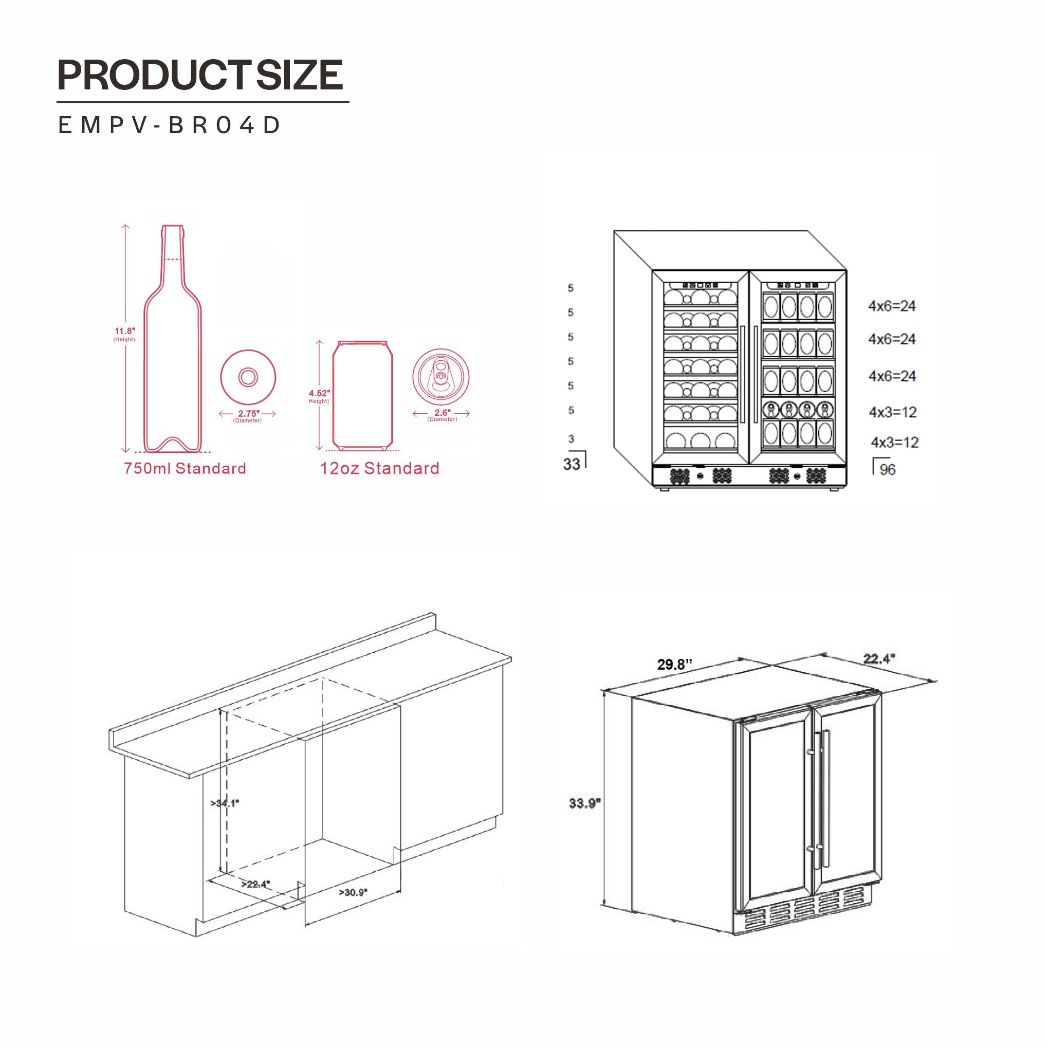 A technical drawing displaying dimensions and layout of the Empava Dual Zone Wine & Beverage Cooler Fridge. Includes diagrams comparing standard 750ml bottles and 12oz cans, installation location under a counter, and storage capacity for bottles and cans. The dual-zone fridge is 33.9 inches tall.