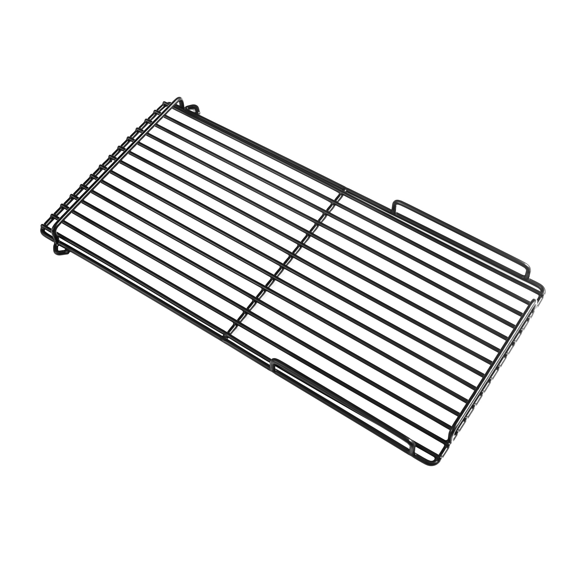 A rectangular metal cooling rack with a grid design, featuring evenly spaced parallel bars and small handles on both sides. This black rack, perfect for use with the Empava 24" Dual Zone Wine and Beer Fridge Beverage Cooler, is ideal for cooling baked goods and measures approximately the size of a standard baking sheet.