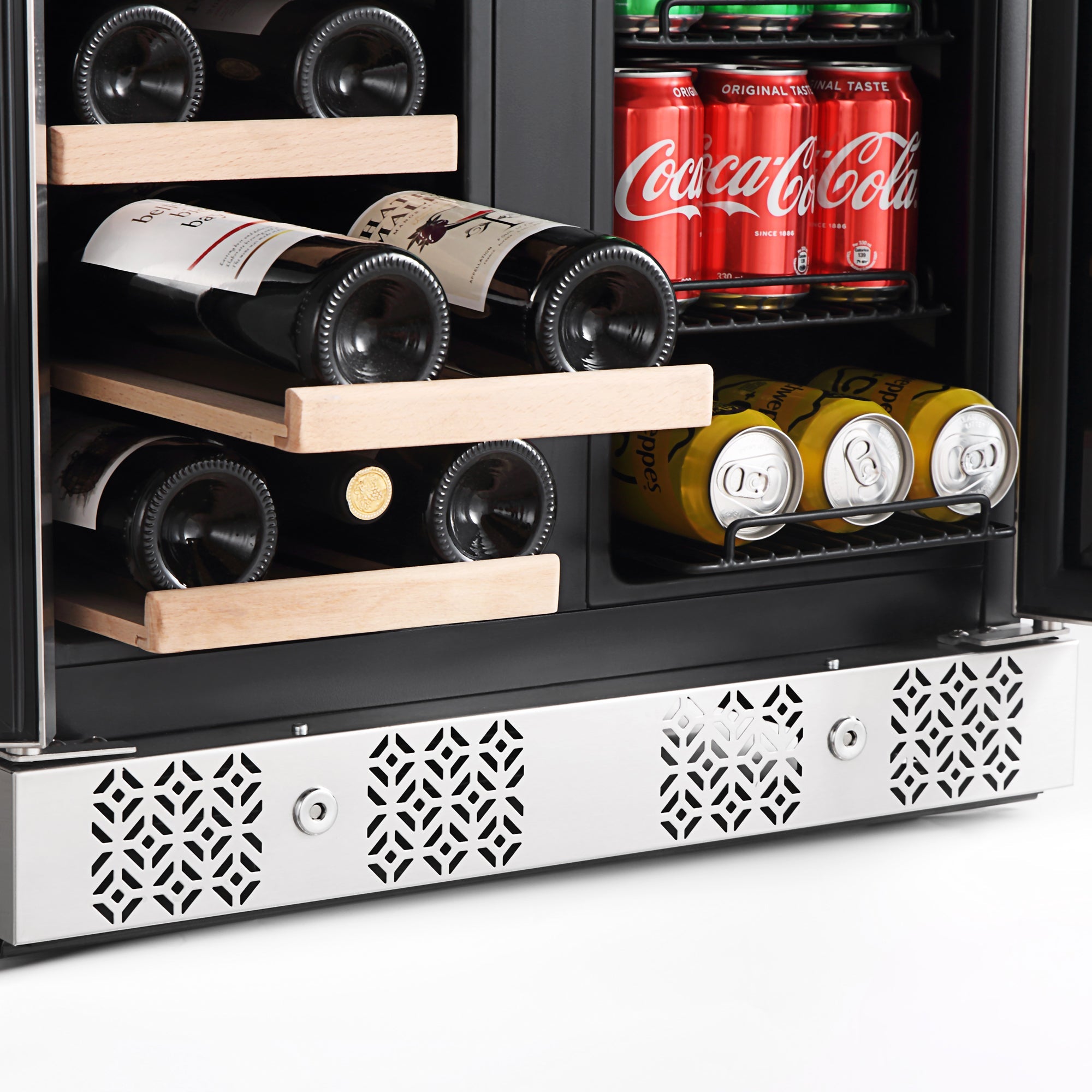 The Empava 24" Dual Zone Wine and Beer Fridge Beverage Cooler features two sections: one with horizontal wooden shelves for wine bottles, and another for canned drinks like Coca-Cola and beer or other canned beverages. Additionally, it includes a decorative metal vent at the bottom.