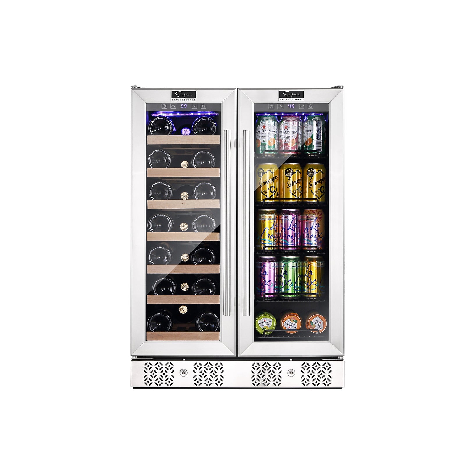 The Empava 24" Dual Zone Wine and Beer Fridge Beverage Cooler features a sleek stainless steel frame. The left section boasts wooden shelves for wine bottles, while the right side neatly arranges cans on three shelves. Both zones are equipped with glass doors and energy-efficient LED lighting.