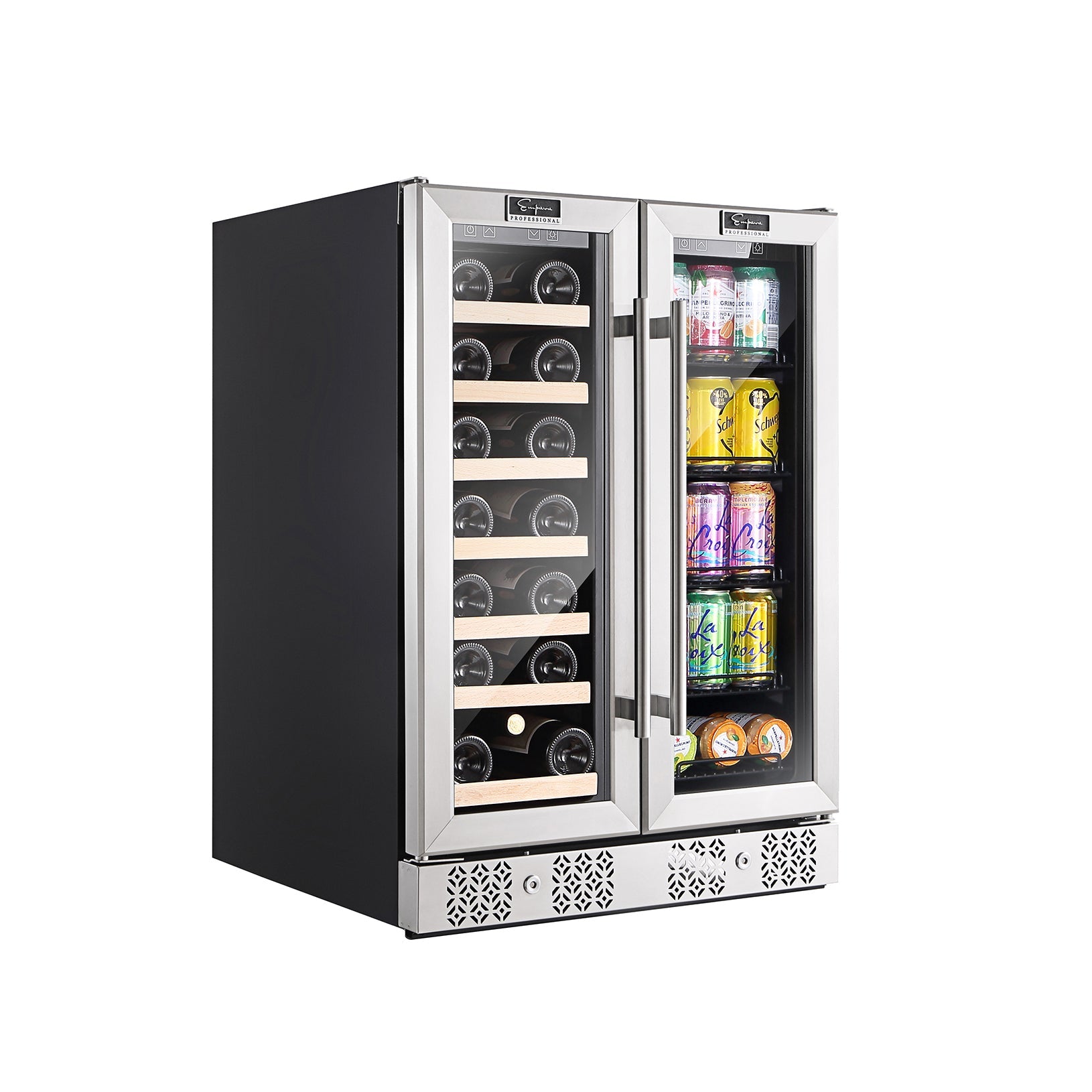 The Empava 24" Dual Zone Wine and Beer Fridge Beverage Cooler boasts a sleek stainless steel design with two side-by-side doors. The left compartment is equipped with wooden shelves that store multiple wine bottles horizontally, while the right side contains metal racks designed to display a variety of canned drinks upright.