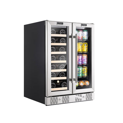 The Empava 24" Dual Zone Wine and Beer Fridge Beverage Cooler boasts a sleek stainless steel design with two side-by-side doors. The left compartment is equipped with wooden shelves that store multiple wine bottles horizontally, while the right side contains metal racks designed to display a variety of canned drinks upright.