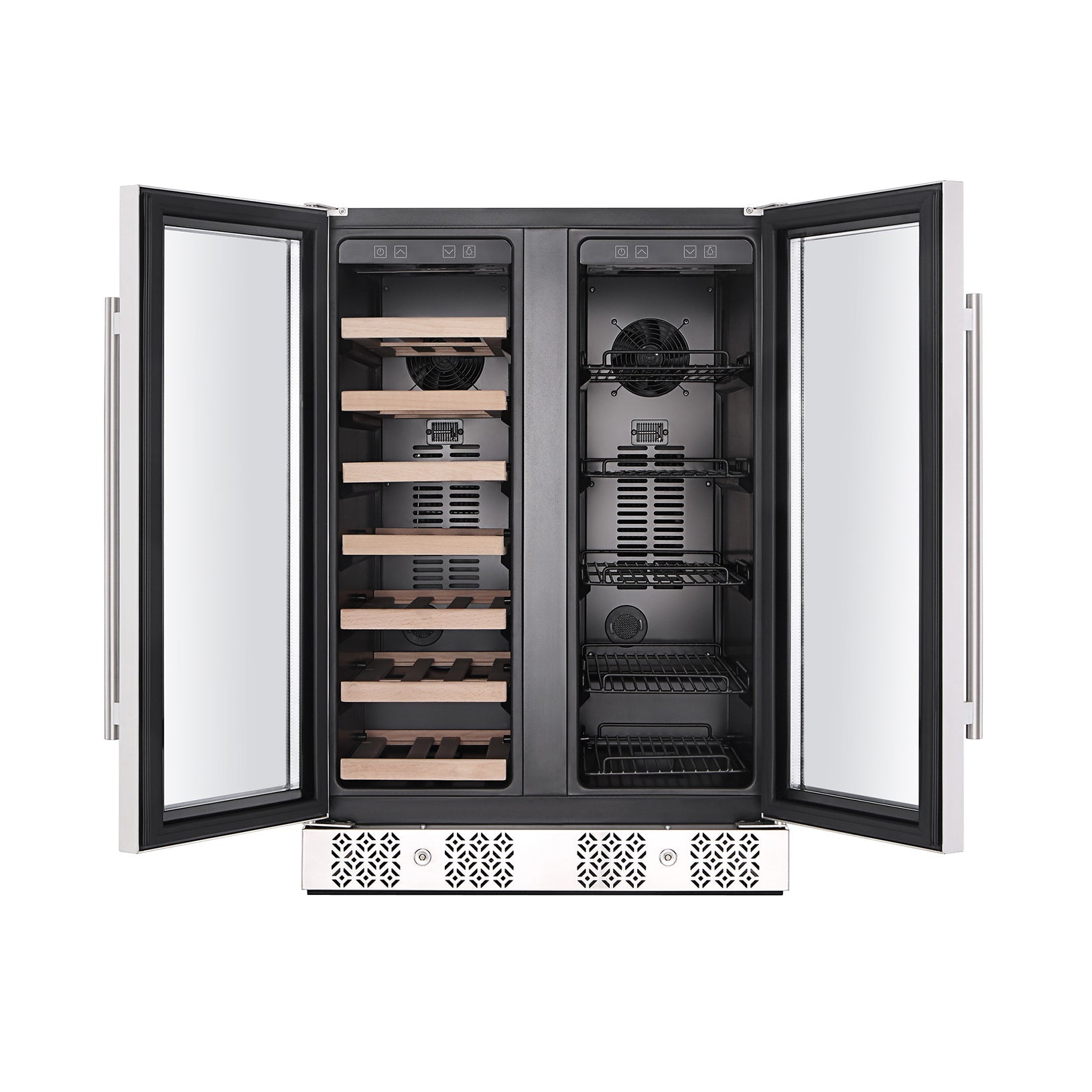 The Empava 24" Dual Zone Wine and Beer Fridge Beverage Cooler features two open glass doors, with the left section boasting wooden wine shelves and the right side equipped with sleek black metal racks for beverages. The interior lighting beautifully showcases the organized storage spaces.