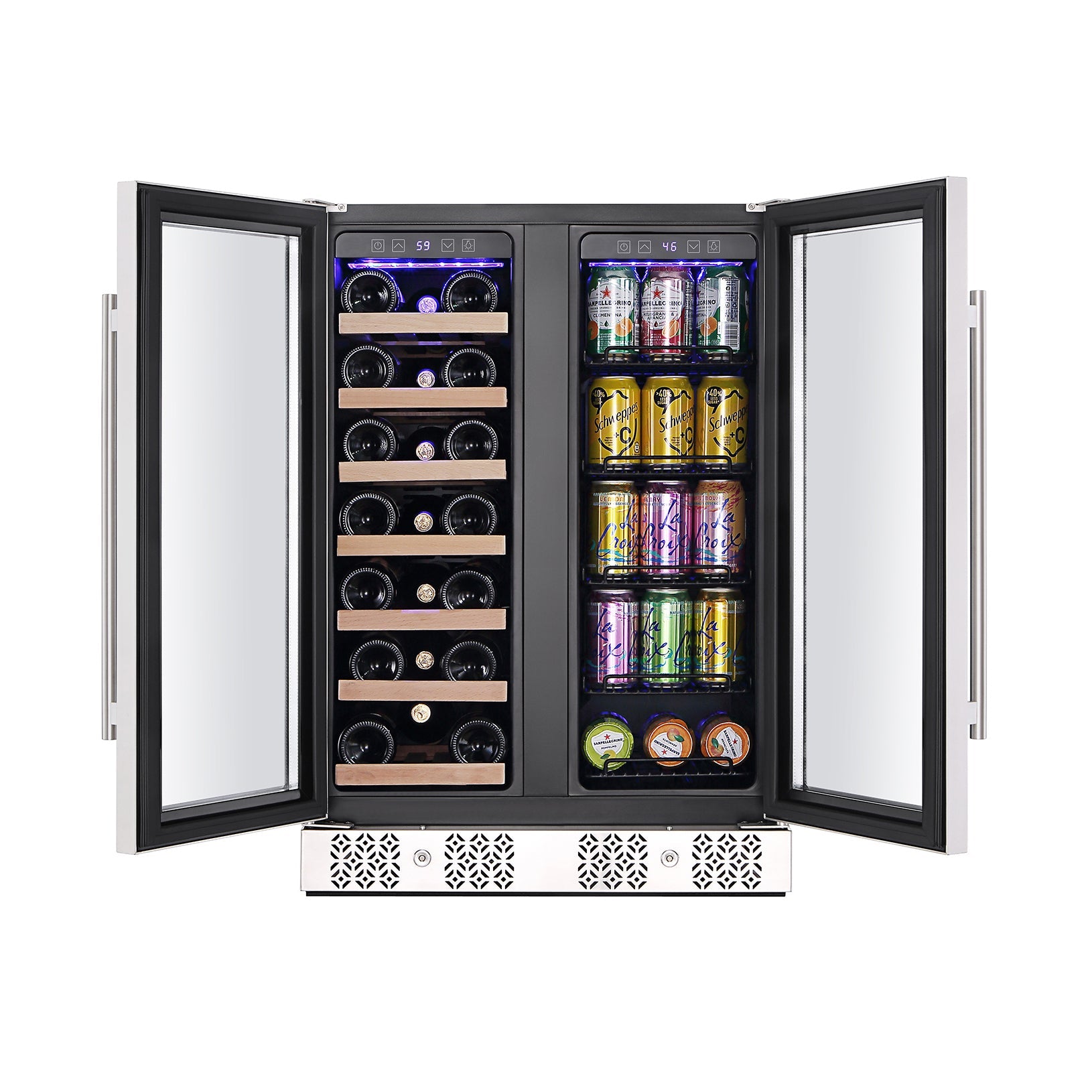 The Empava 24" Dual Zone Wine and Beer Fridge Beverage Cooler boasts a dual-door design with the left side stocked with multiple shelves for wine bottles and the right side lined with various canned drinks and bottled beverages. With the doors open, you can easily see the digital temperature displays at the top.