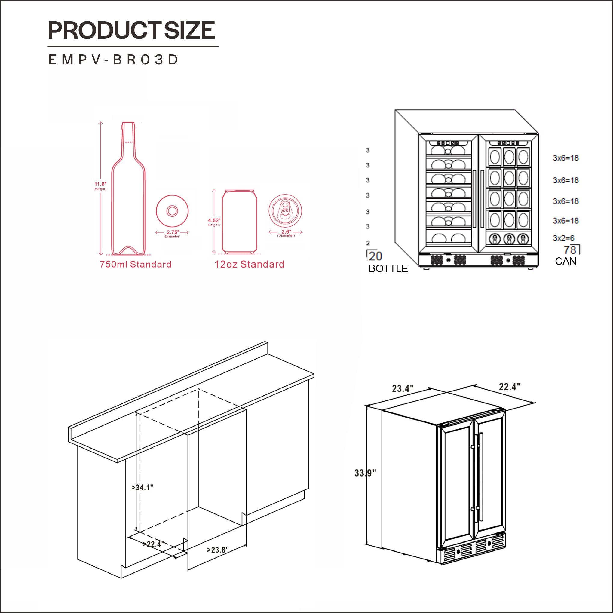 An illustration showing dimensions and product size specifications for the Empava 24" Dual Zone Wine and Beer Fridge Beverage Cooler model EMPV-BR03D. Diagrams display bottle and can capacity, the cooler's size, and installation space requirements.