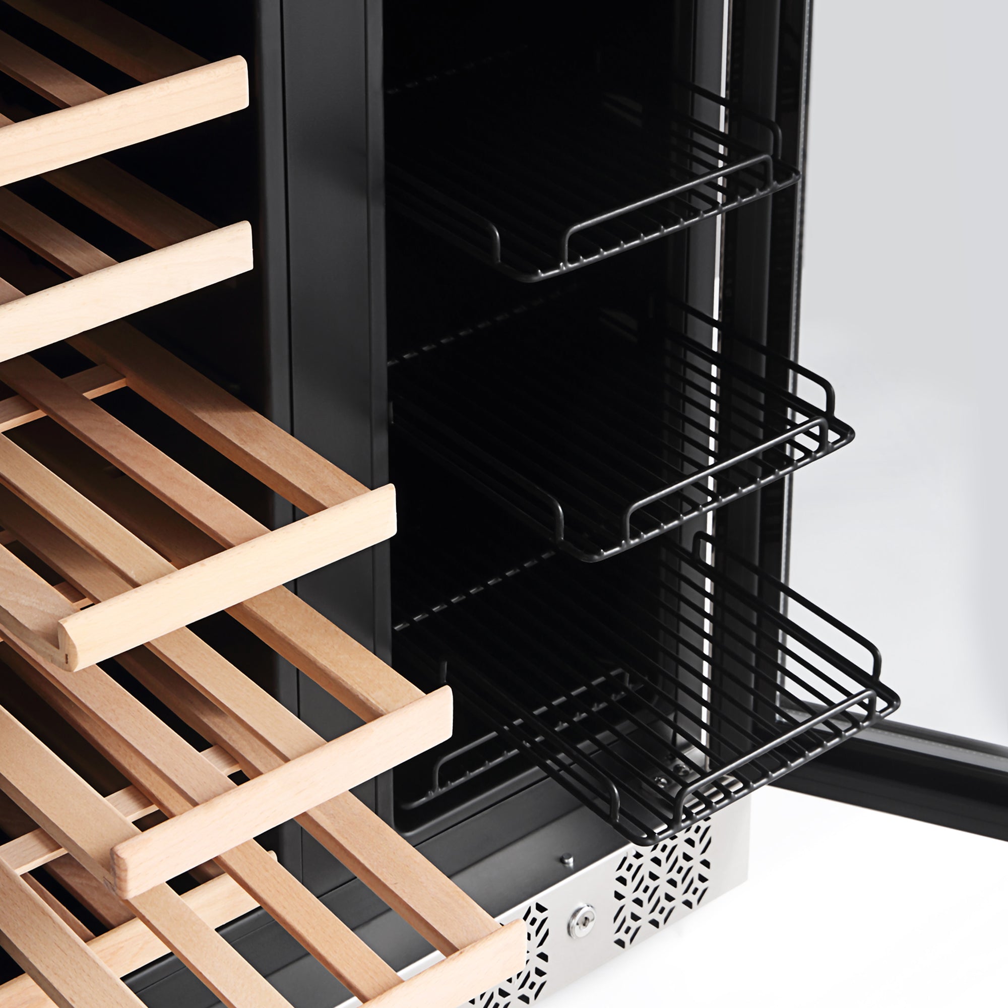 Close-up of the Empava 24" Dual Zone Wine and Beer Fridge Beverage Cooler with partially opened wooden and metal racks. The wooden racks are extended on the left side, while the metal racks remain unextended on the right side, illustrating versatile storage options for different types of bottles.