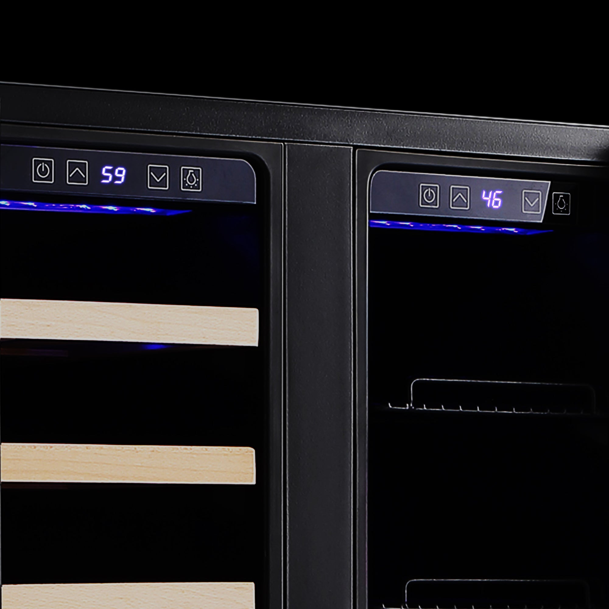 Close-up of the Empava 24" Dual Zone Wine and Beer Fridge Beverage Cooler showing two temperature displays. The left zone, reading 59°F, contains wooden shelves, while the right zone, displaying 46°F, features metal racks. Both displays are illuminated with blue lighting against a black background.