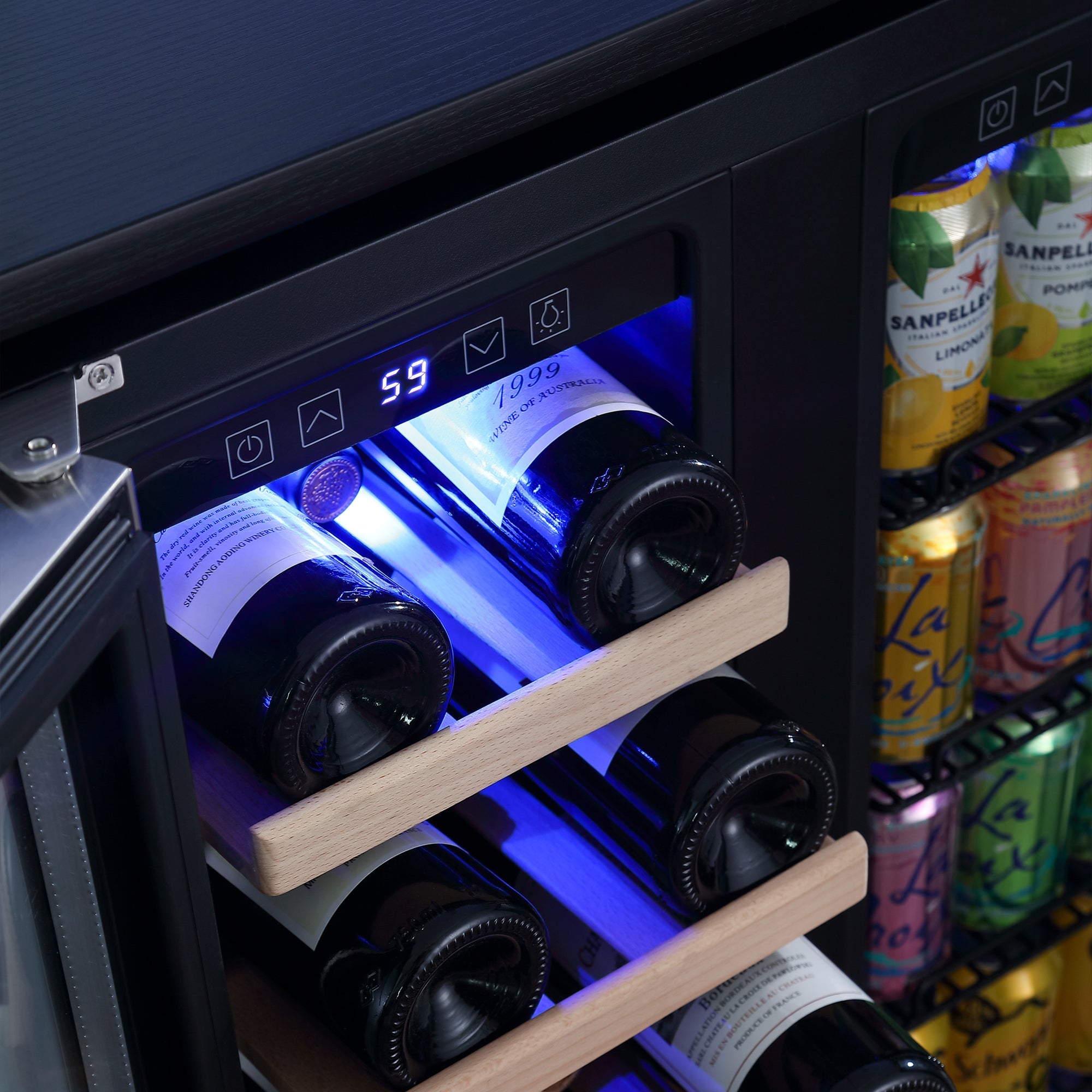 An Empava 24" Dual Zone Wine and Beer Fridge Beverage Cooler with a digital temperature display showing 59 degrees Fahrenheit. The fridge's wooden shelves hold several wine bottles, while adjacent to them are various cans of beverages, including sparkling water.