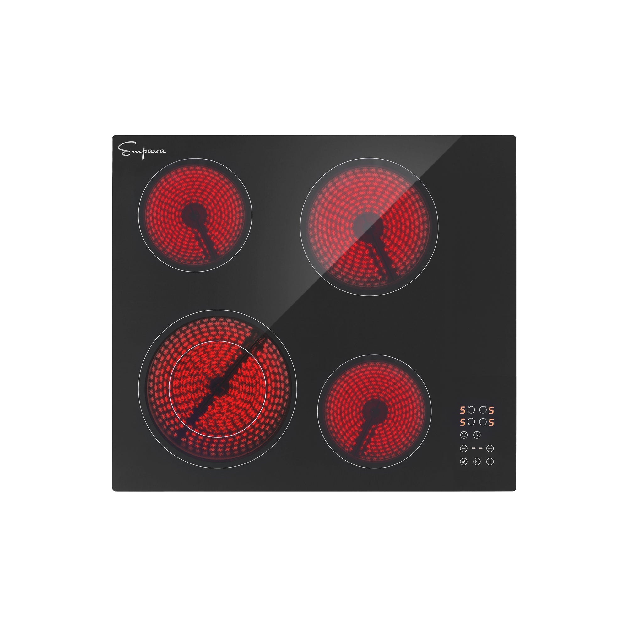 The Empava 24 Inch Black Electric Radiant Cooktop showcases four glowing red heating elements of various sizes. The conveniently located touch control panel in the bottom-right corner features numerical buttons for settings, with the Empava brand logo proudly displayed in the top-left corner.