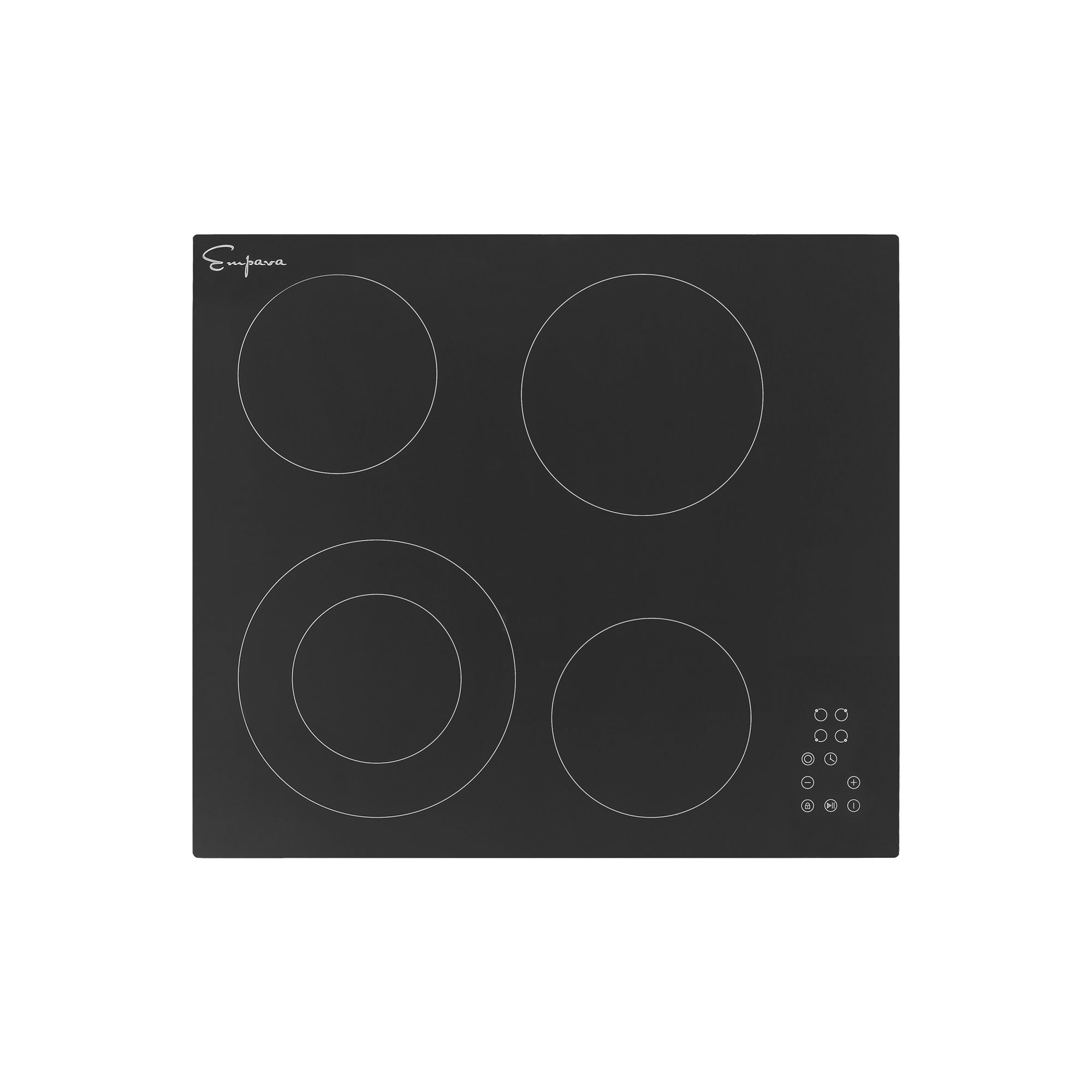 The Empava 24 Inch Black Electric Radiant Cooktop features four circular heating zones. The touch controls, located on the bottom right, are marked with various symbols and settings. The brand logo "Empava" is prominently displayed in the upper left area.