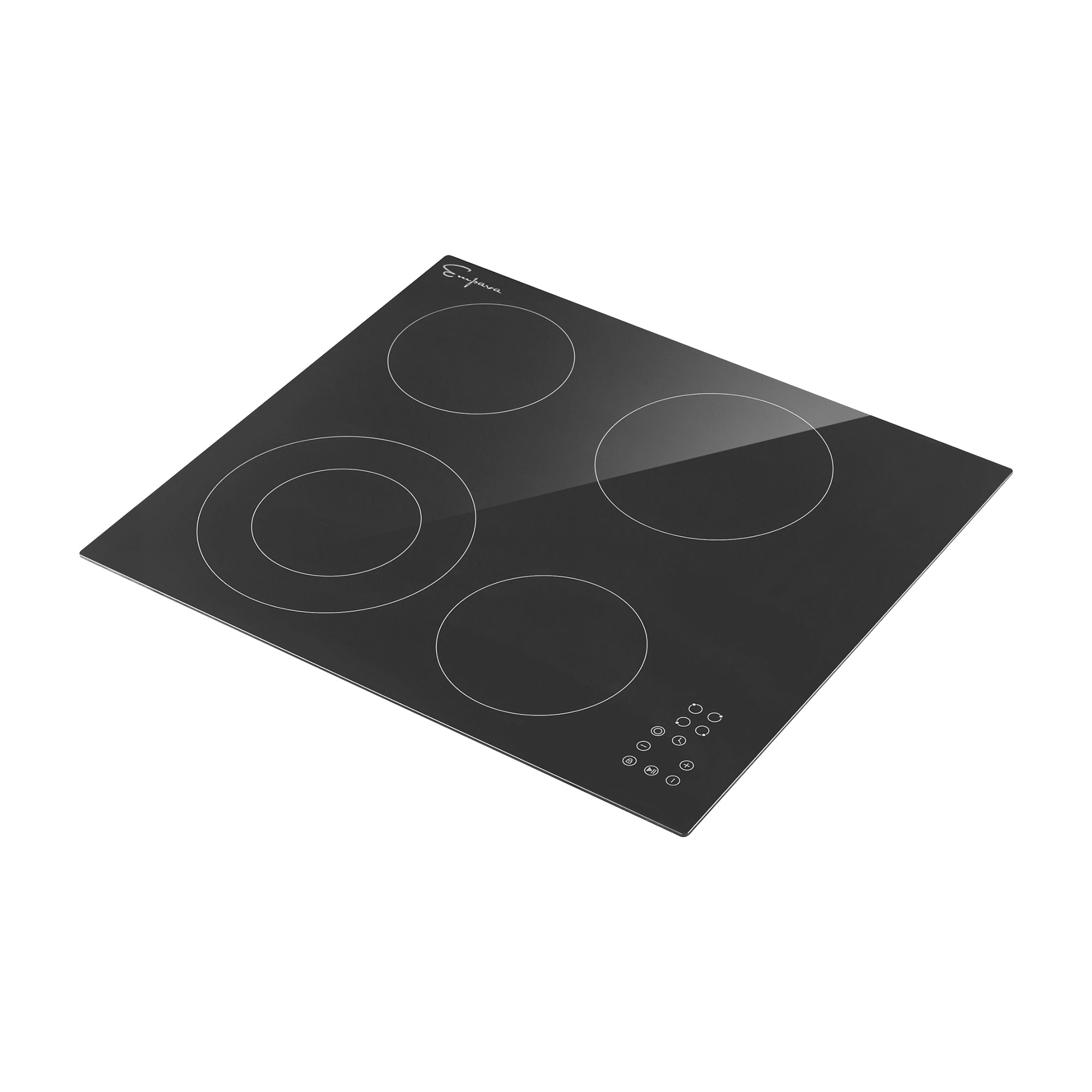 The Empava 24 Inch Black Electric Radiant Cooktop features a sleek, modern design with four circular cooking zones of varying sizes. The control panel with touch buttons is conveniently located in the bottom right corner, and the signature Empava logo is displayed on the top left.