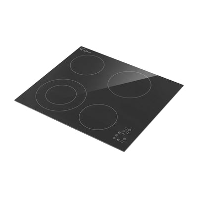 The Empava 24 Inch Black Electric Radiant Cooktop features a sleek, modern design with four circular cooking zones of varying sizes. The control panel with touch buttons is conveniently located in the bottom right corner, and the signature Empava logo is displayed on the top left.