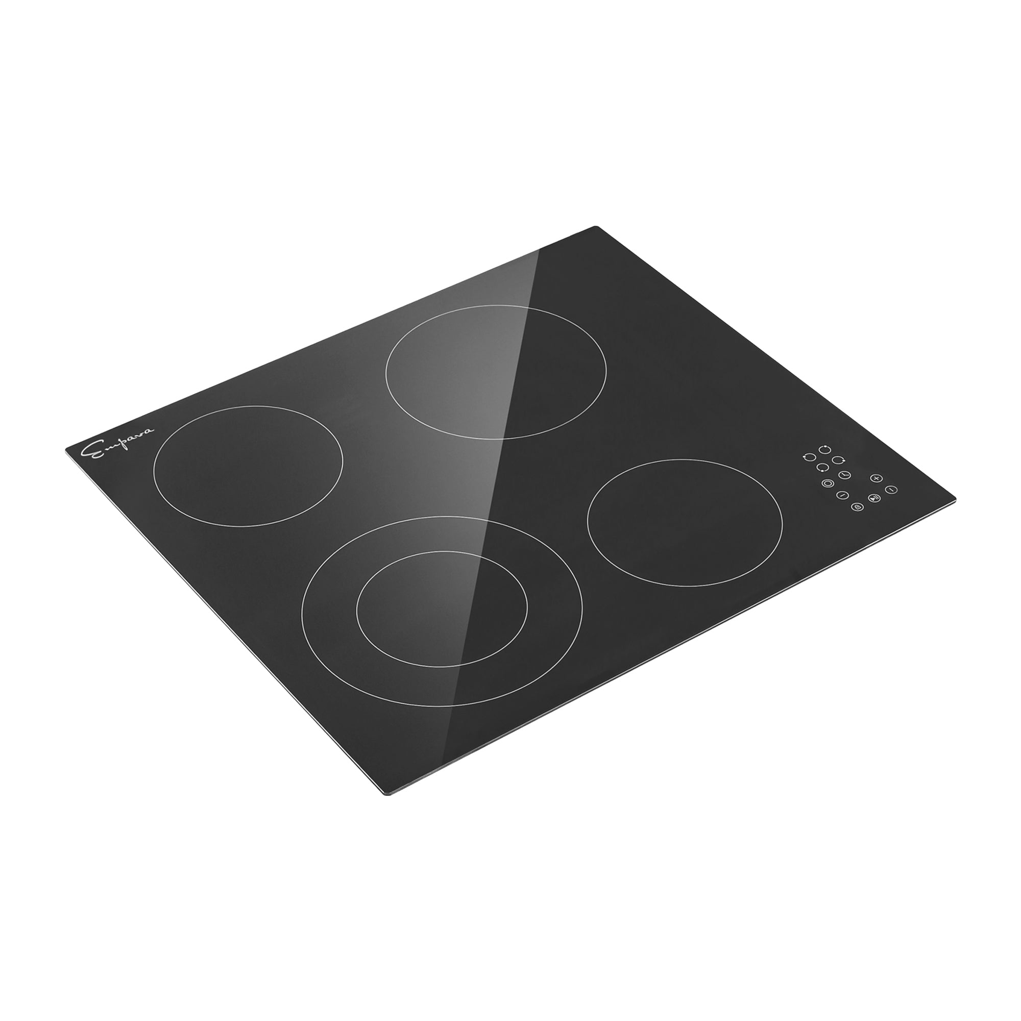 The Empava 24 Inch Black Electric Radiant Cooktop features four cooking zones of varying sizes. The sleek, smooth surface boasts touch controls on the lower right side, marked by small circular icons. The brand logo is prominently displayed in the upper left corner.