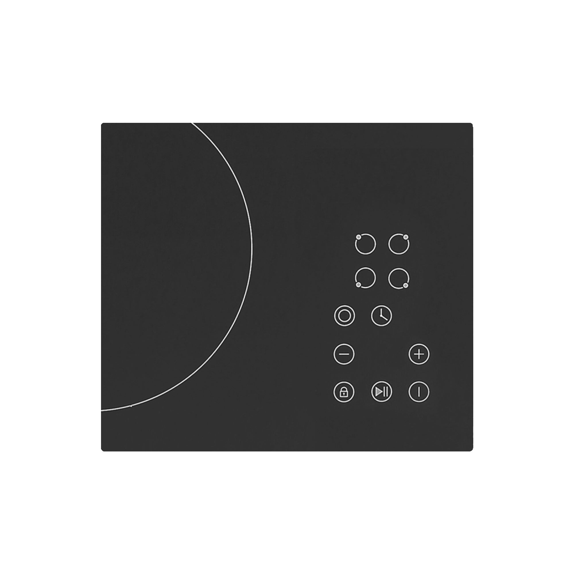 The Empava 24 Inch Black Electric Radiant Cooktop is a sleek appliance featuring a single burner on the left side and a touch control panel on the right. The control panel includes various function icons such as power, timer, lock, heat adjustment with plus and minus signs, along with additional settings.