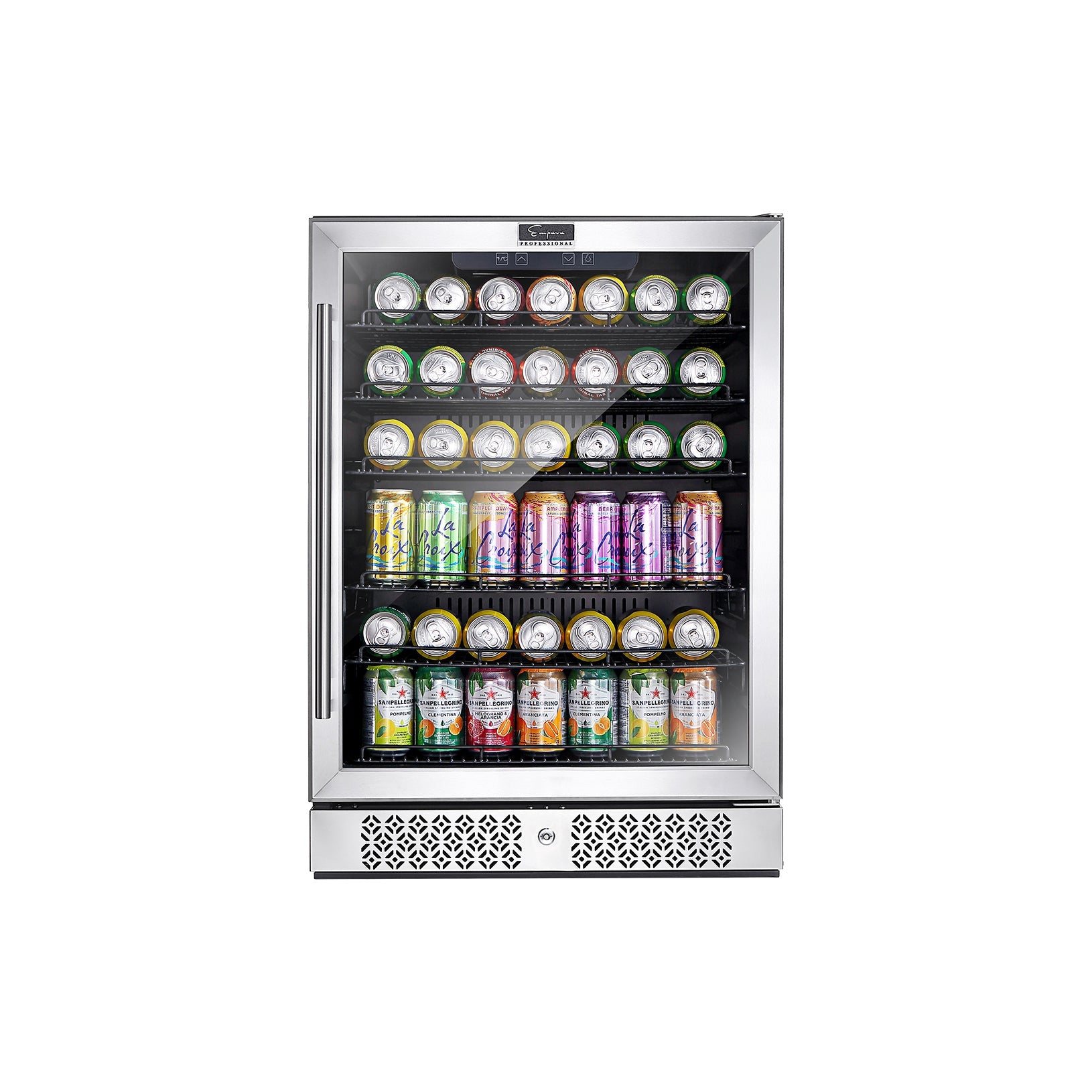 The Empava 24 Inch Freestanding & Under Counter Beverage Fridge features a stainless steel exterior and a glass door. Inside, it boasts multiple shelves that are neatly stocked with various canned drinks arranged in rows. The cooler includes a digital display at the top and a vented section at the bottom to ensure efficient cooling.