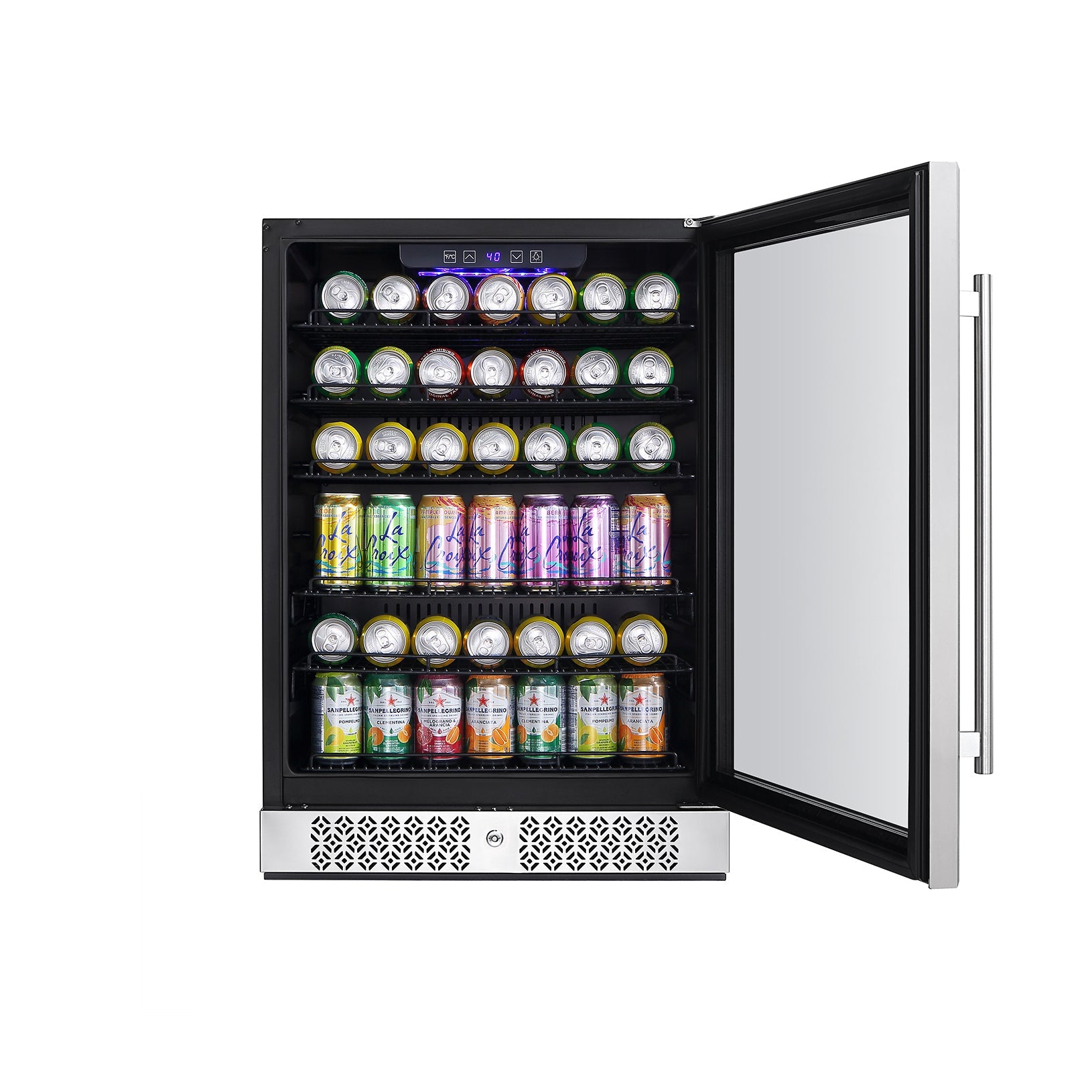 An Empava 24 Inch Freestanding & Under Counter Beverage Fridge with a glass door, slightly open, showcasing four shelves stocked with various canned drinks. The cans are organized in neat rows, and a control panel is visible at the top inside. The fridge boasts a sleek, modern design with a stainless steel finish.