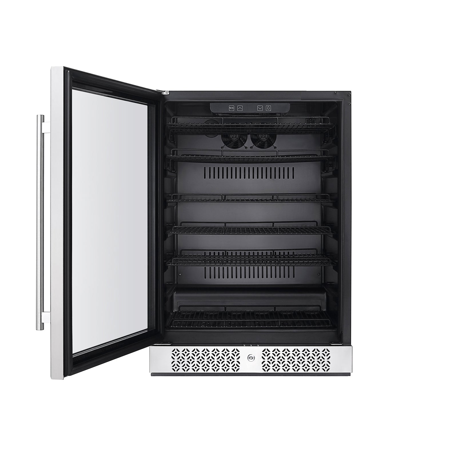 An image of an open Empava 24 Inch Freestanding & Under Counter Beverage Fridge with a stainless steel finish. The door is hinged on the left side with a sleek handle. Inside, there are multiple racks for wine bottles, and the control panel is located at the top of the interior.