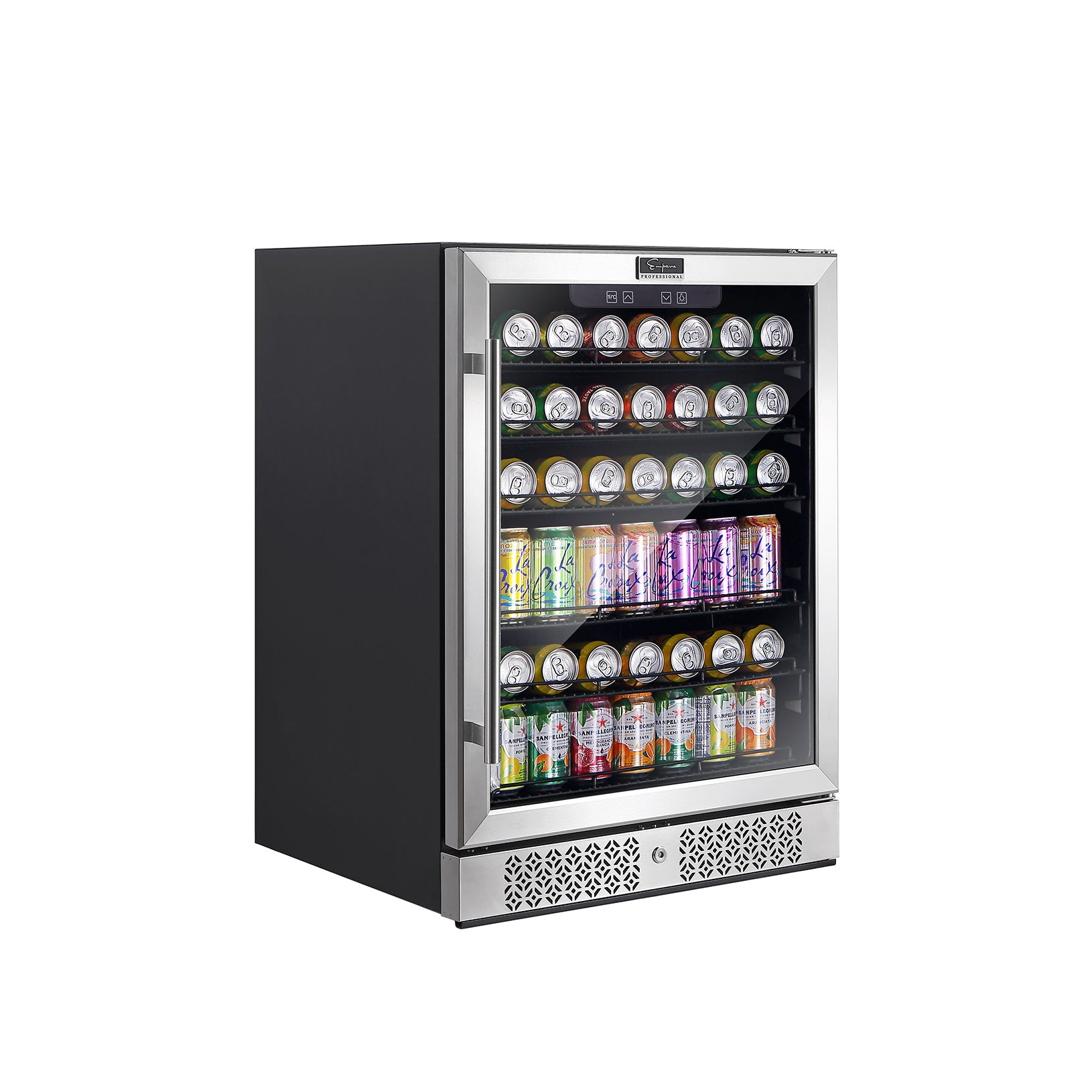 A sleek, stainless steel Empava 24 Inch Freestanding & Under Counter Beverage Fridge with a glass door showcasing several rows of assorted canned drinks. The fridge features control buttons above the door for temperature settings and stands on a plain white background.