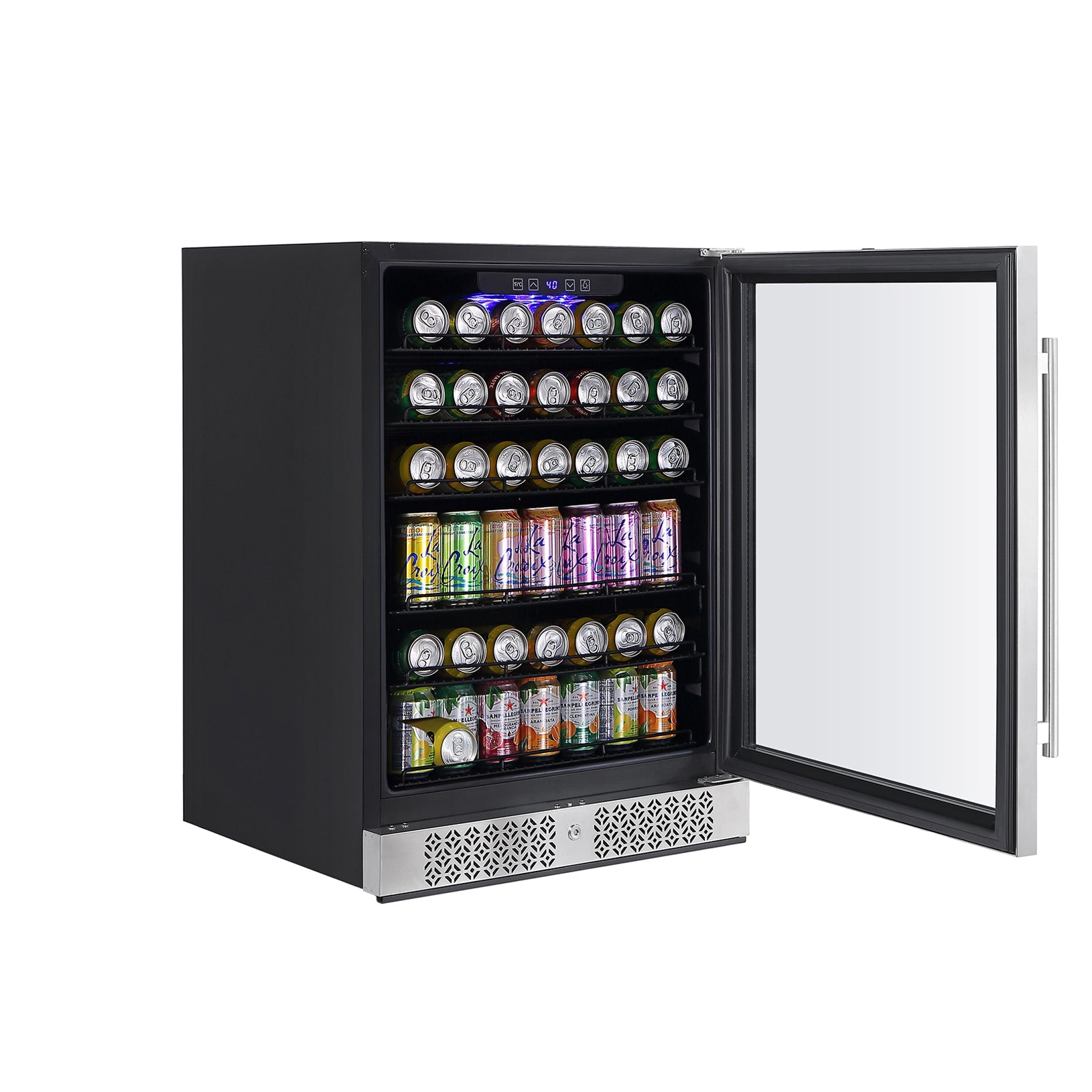 The Empava 24 Inch Freestanding & Under Counter Beverage Fridge in sleek black boasts a glass door and is open, revealing several rows of assorted canned beverages. The well-lit interior enhances the neatly stocked shelves with an array of vibrant packaging designs.