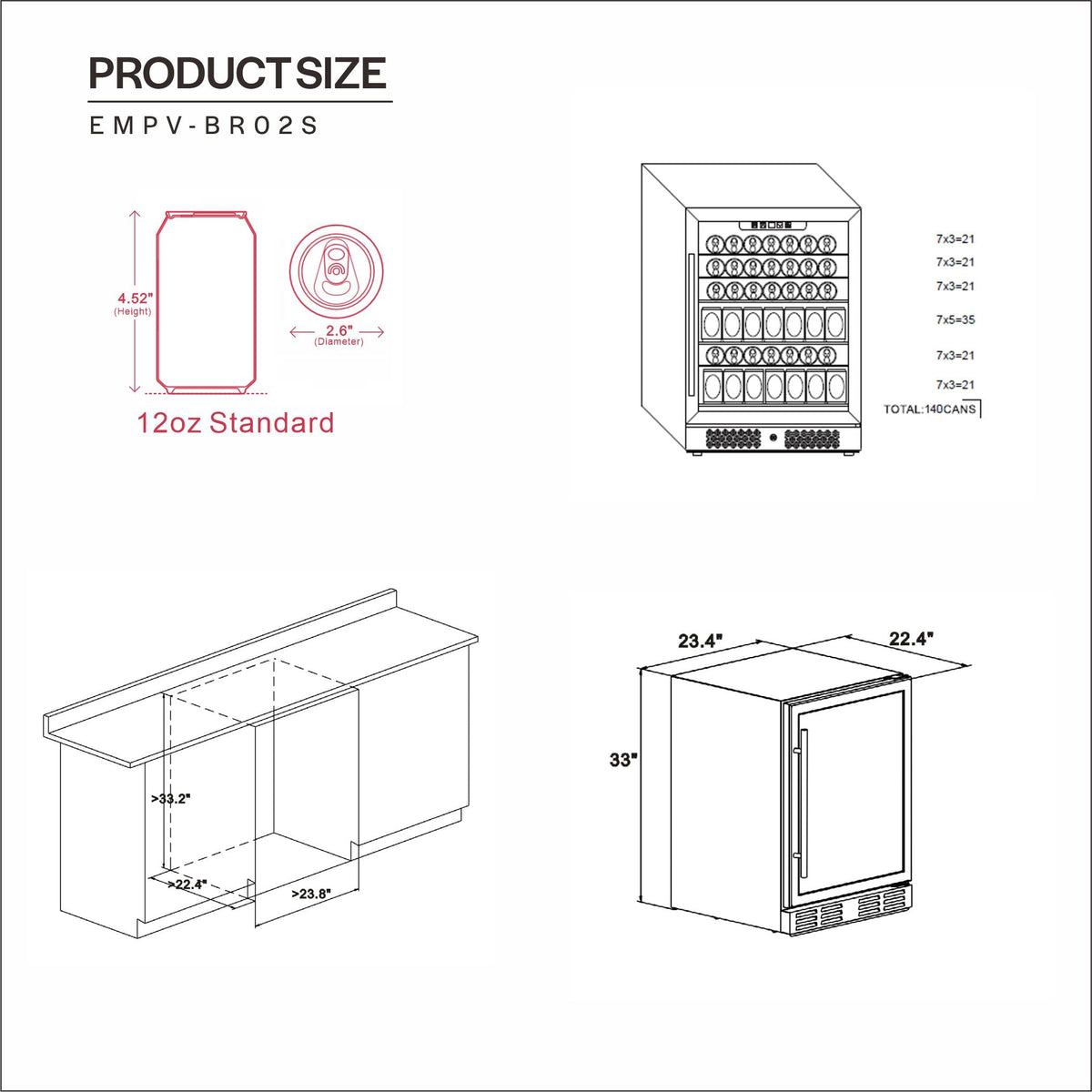 Product dimensions for the Empava 24 Inch Freestanding & Under Counter Beverage Fridge: Side-by-side drawings show it fits under a 33" high countertop, is 22.4" deep, and 23.4" wide. The cooler stores bottles with a diameter of 2.6" and height of 4.85", with a total capacity of 154 cans.