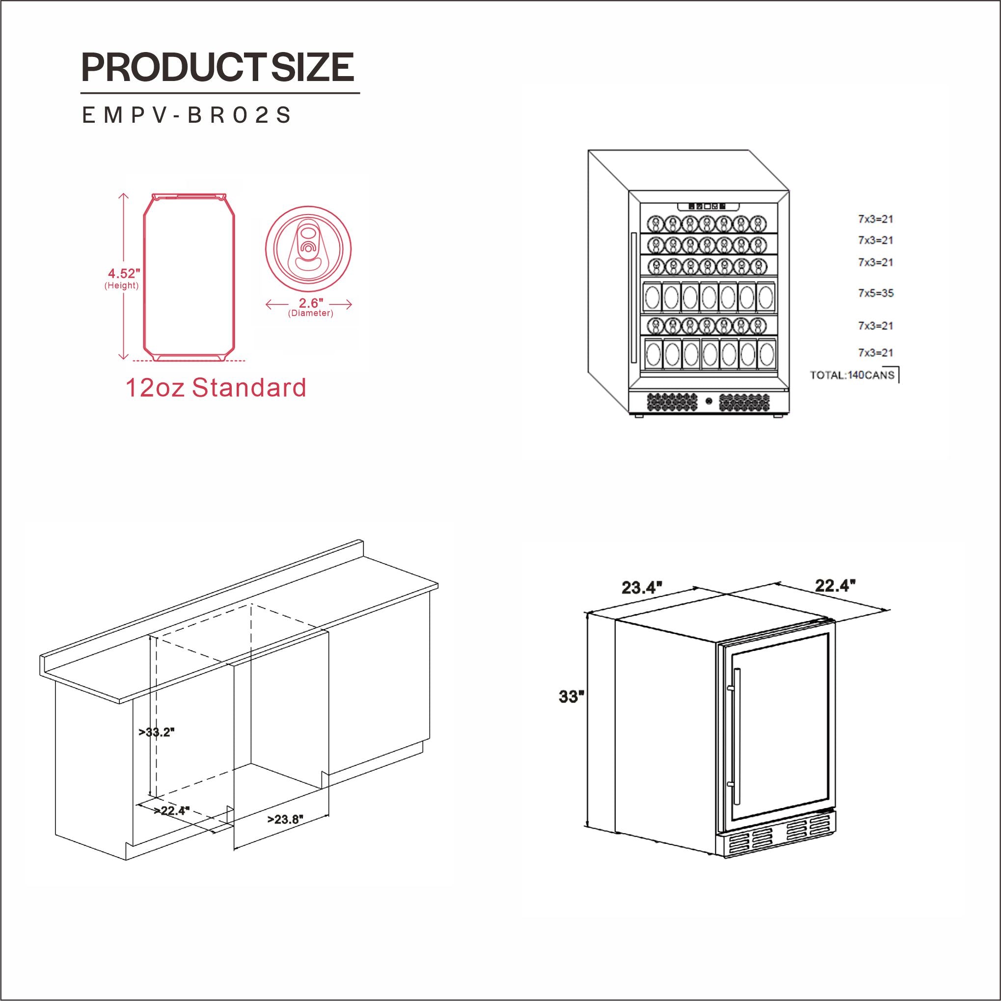 Product dimensions for the Empava 24 Inch Freestanding & Under Counter Beverage Fridge: Side-by-side drawings show it fits under a 33" high countertop, is 22.4" deep, and 23.4" wide. The cooler stores bottles with a diameter of 2.6" and height of 4.85", with a total capacity of 154 cans.