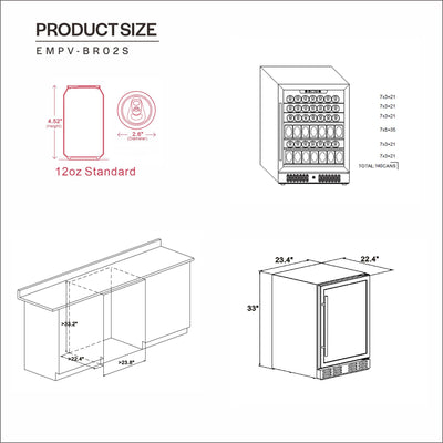 Product dimensions for the Empava 24 Inch Freestanding & Under Counter Beverage Fridge: Side-by-side drawings show it fits under a 33" high countertop, is 22.4" deep, and 23.4" wide. The cooler stores bottles with a diameter of 2.6" and height of 4.85", with a total capacity of 154 cans.