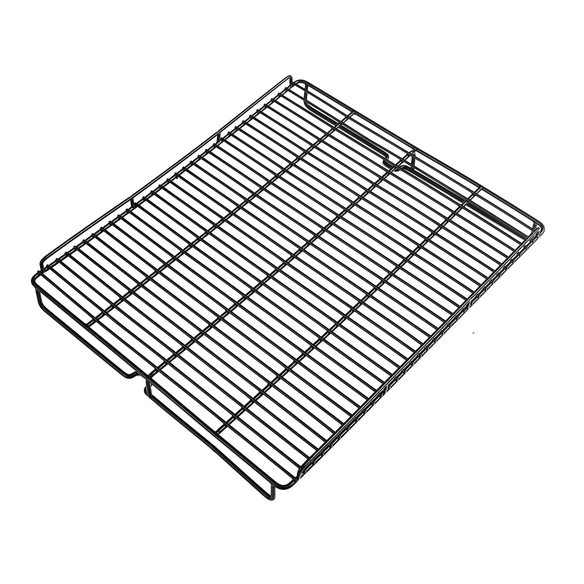 A sleek wire cooling rack, featuring closely spaced parallel wires and a raised edge, in a rectangular black design. Perfect for cooling baked goods, it embodies the simple, minimalist aesthetic typical of Empava products like the Empava 24 Inch Freestanding & Under Counter Beverage Fridge. The rack is set against a white background.