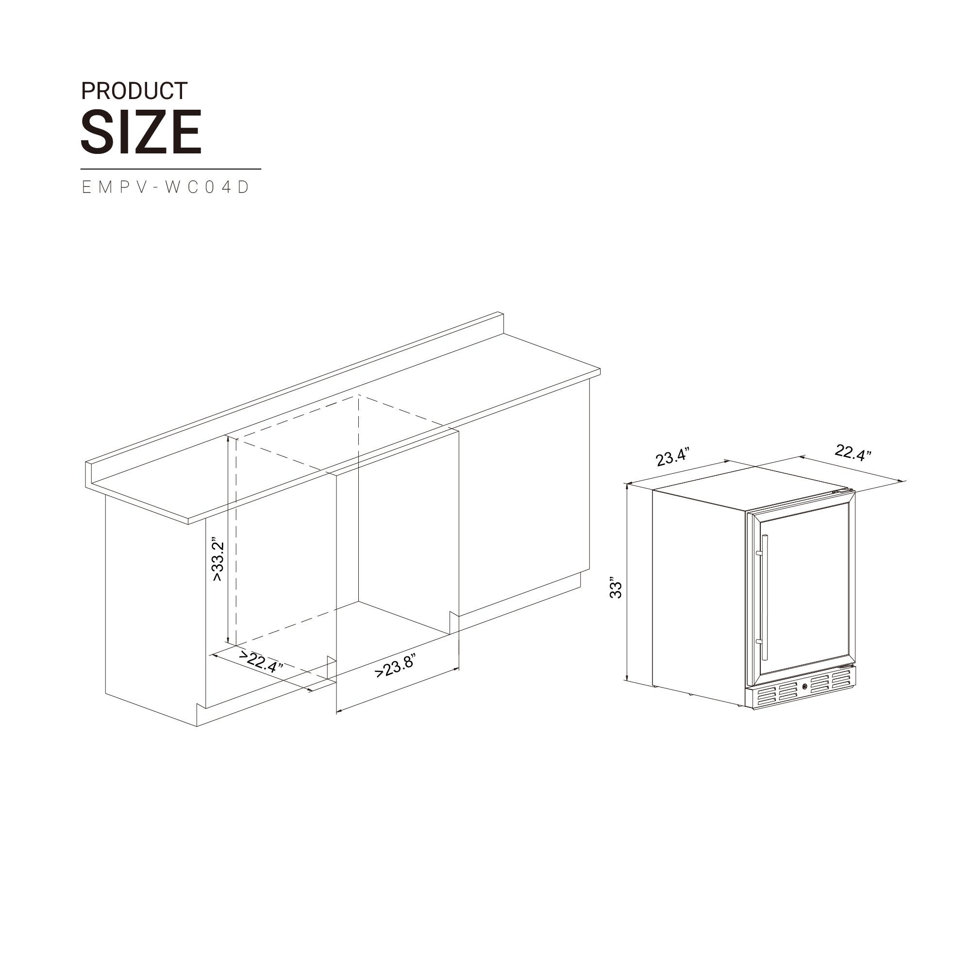 A technical drawing illustrating the dimensions of the refrigerating unit model Empava 24 Inch Fridge Dual Zone Wine & Beverage Cooler. The unit measures 22.4 inches deep, 23.4 inches wide, and 33 inches high. It includes a front view and a side view, along with the cutout dimensions for installation.