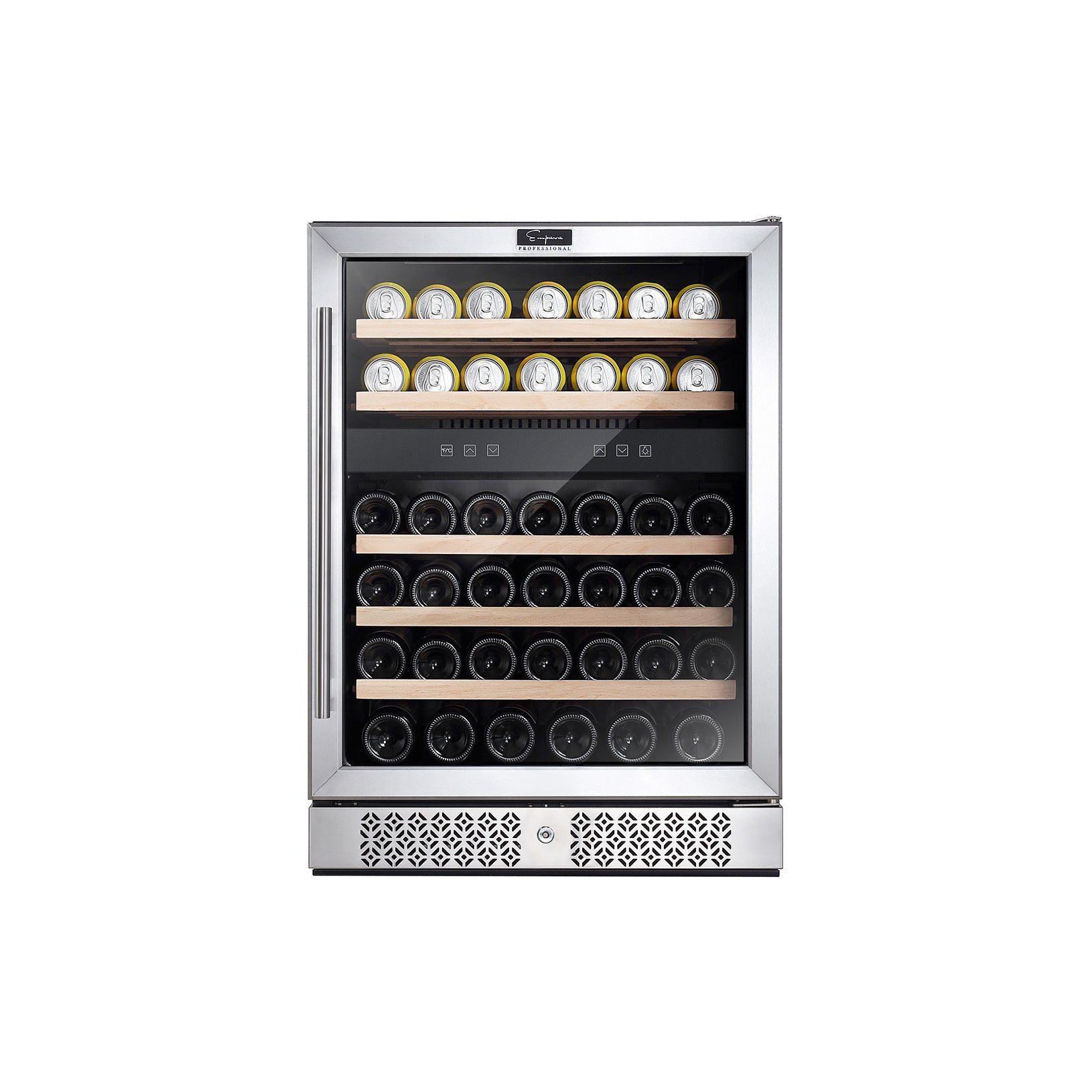 The Empava 24 Inch Fridge Dual Zone Wine & Beverage Cooler offers a sleek, stainless steel design and boasts a glass door that showcases multiple shelves filled with wine bottles. The top shelf features bottles with white caps, while the middle and bottom shelves display dark-capped bottles. Conveniently located inside the fridge are the controls for easy access.