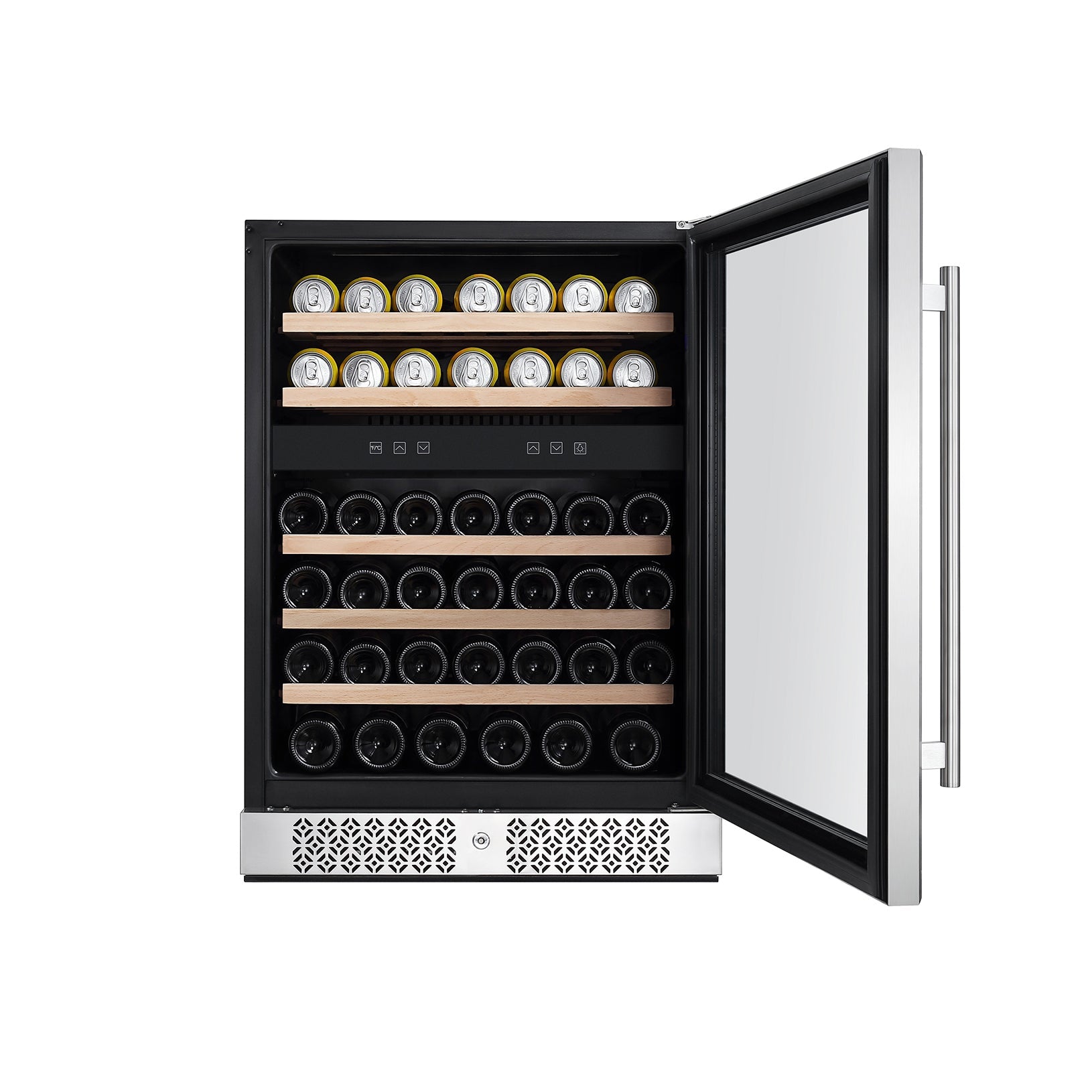 An open Empava 24 Inch Fridge Dual Zone Wine & Beverage Cooler partially filled with drinks. The top shelf displays canned beverages, while the remaining shelves are stocked with wine bottles lined horizontally in rows. The cooler features a metallic frame, a transparent door, and a control panel inside.