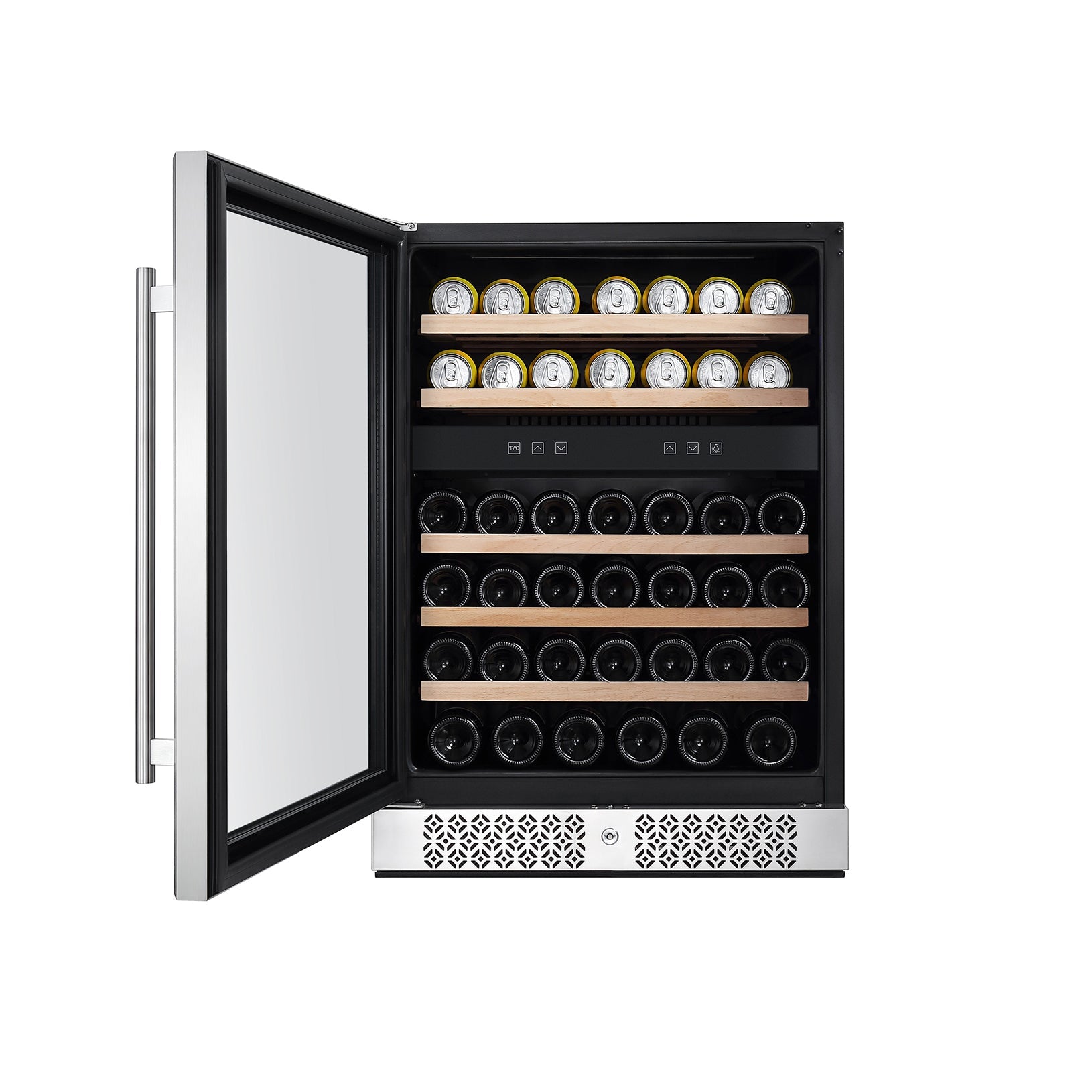 The Empava 24 Inch Fridge Dual Zone Wine & Beverage Cooler, with its stainless steel finish and open door, reveals multiple rows for wine bottles and cans. The top section is designed for cans, while the bottom section features horizontal slots for wine bottles. This stylish cooler includes a digital control panel and wooden shelves.