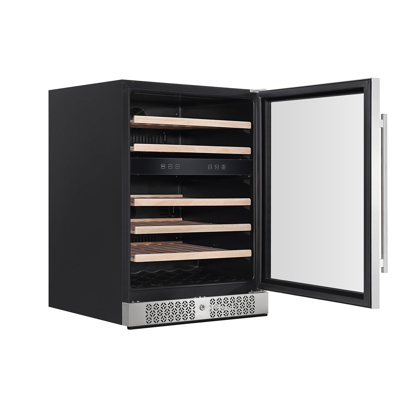 An Empava appliance, the 24 Inch Fridge Dual Zone Wine & Beverage Cooler in black and stainless steel, stands open, showcasing five wooden shelves inside for storing wine bottles. The glass door provides a view of the contents while the control panel is conveniently located near the top inside the fridge.