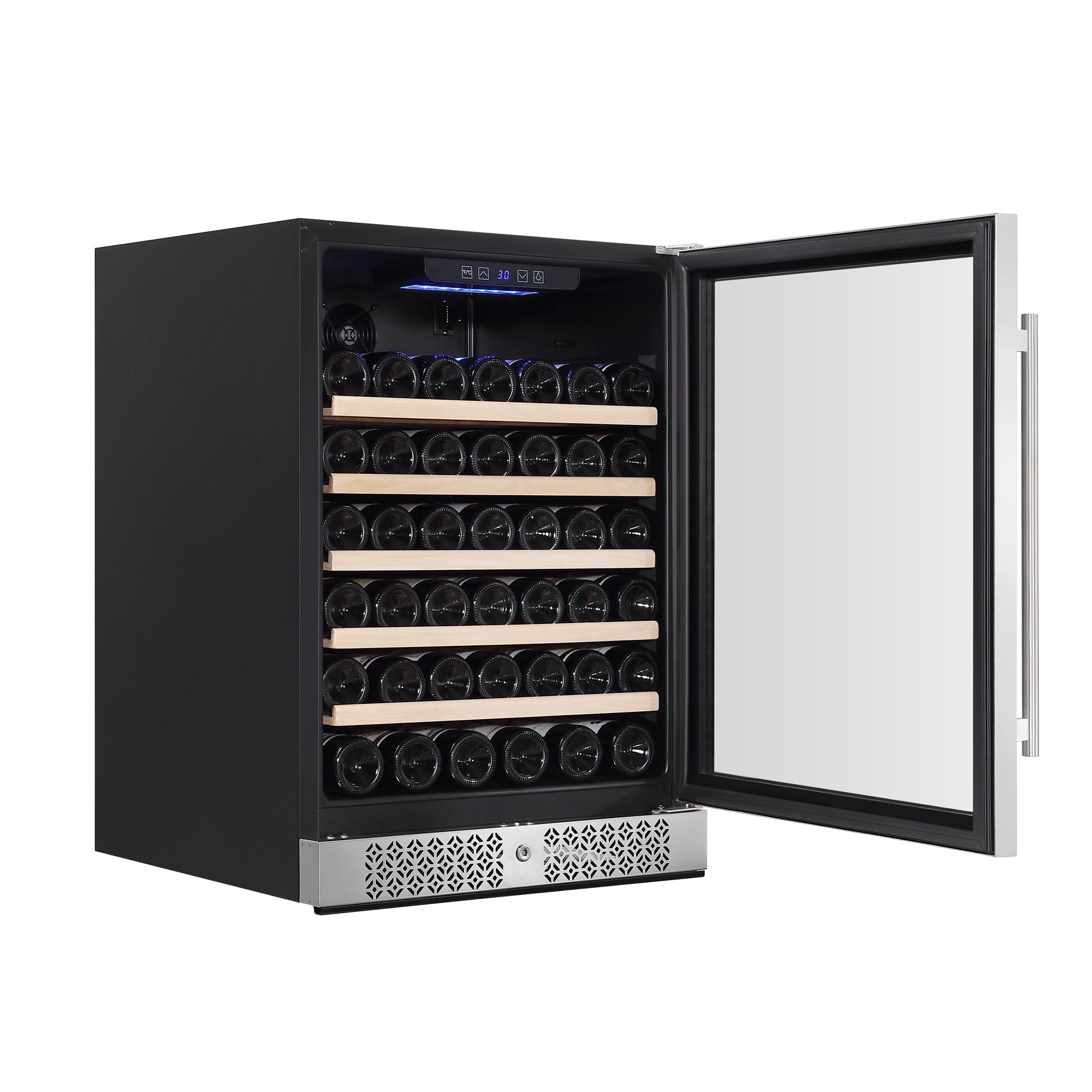 The Empava 24 Inch Wine Cooler Wine Fridge 52 Bottles, featuring a black exterior with a stainless steel door and handle, opens to display rows of wine bottles neatly arranged on wooden shelves. The interior is fitted with multiple horizontal racks that accommodate numerous bottles, and the control panel is conveniently located at the top inside the cooler.