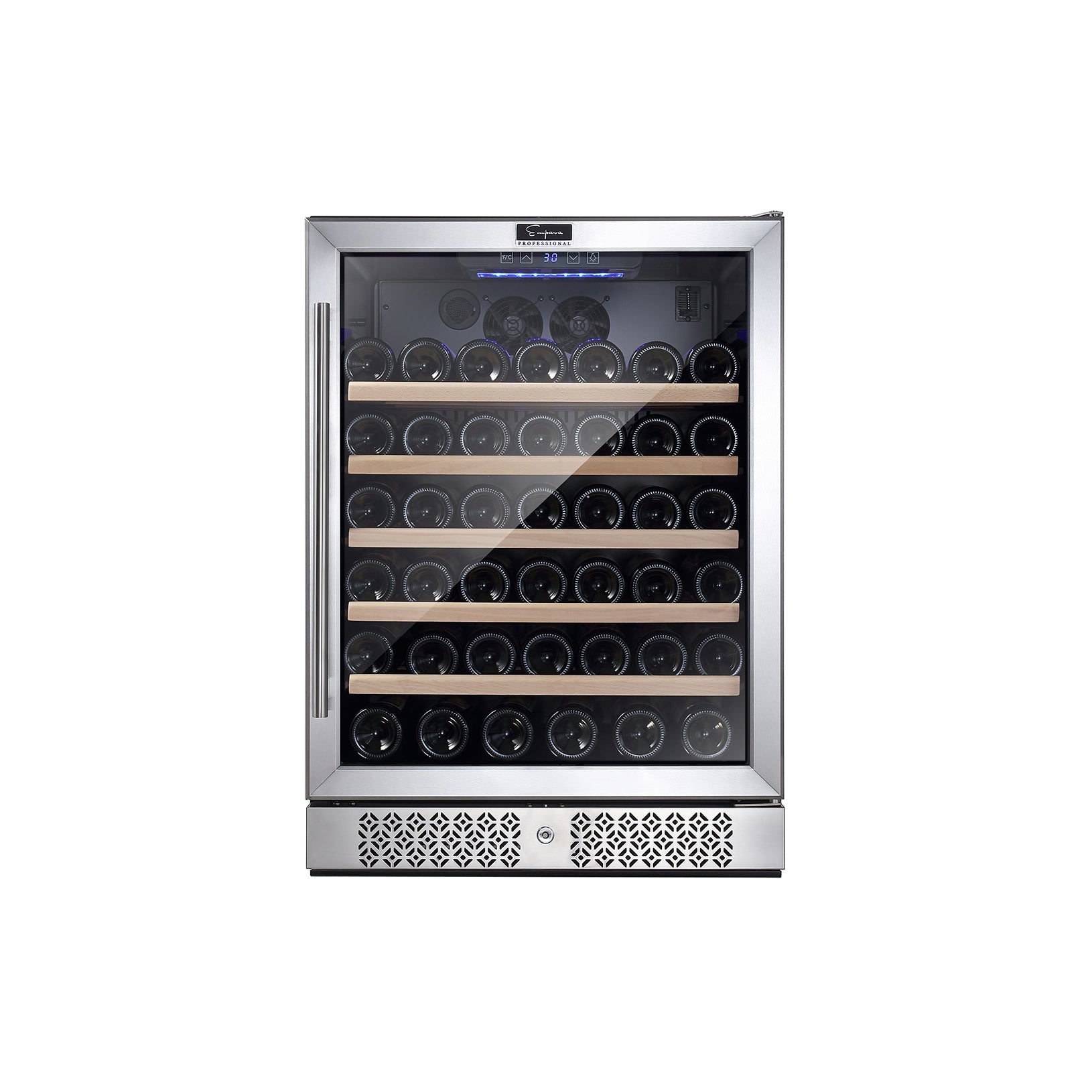 The Empava 24 Inch Wine Cooler Wine Fridge 52 Bottles, made with stainless steel, features a glass door that elegantly displays multiple rows of horizontally stored wine bottles on wooden shelves. The cooler includes a digital temperature display at the top and has a front vent visible at the bottom.