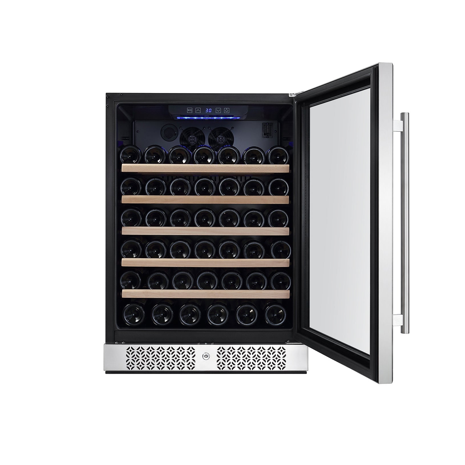 An Empava 24 Inch Wine Cooler Wine Fridge, capable of holding up to 52 bottles, features a sleek stainless steel frame and multiple shelves neatly stocked with wine. With the door slightly ajar, the digital temperature controls and interior lighting at the top are showcased – a perfect example of Empava appliances' sophistication.