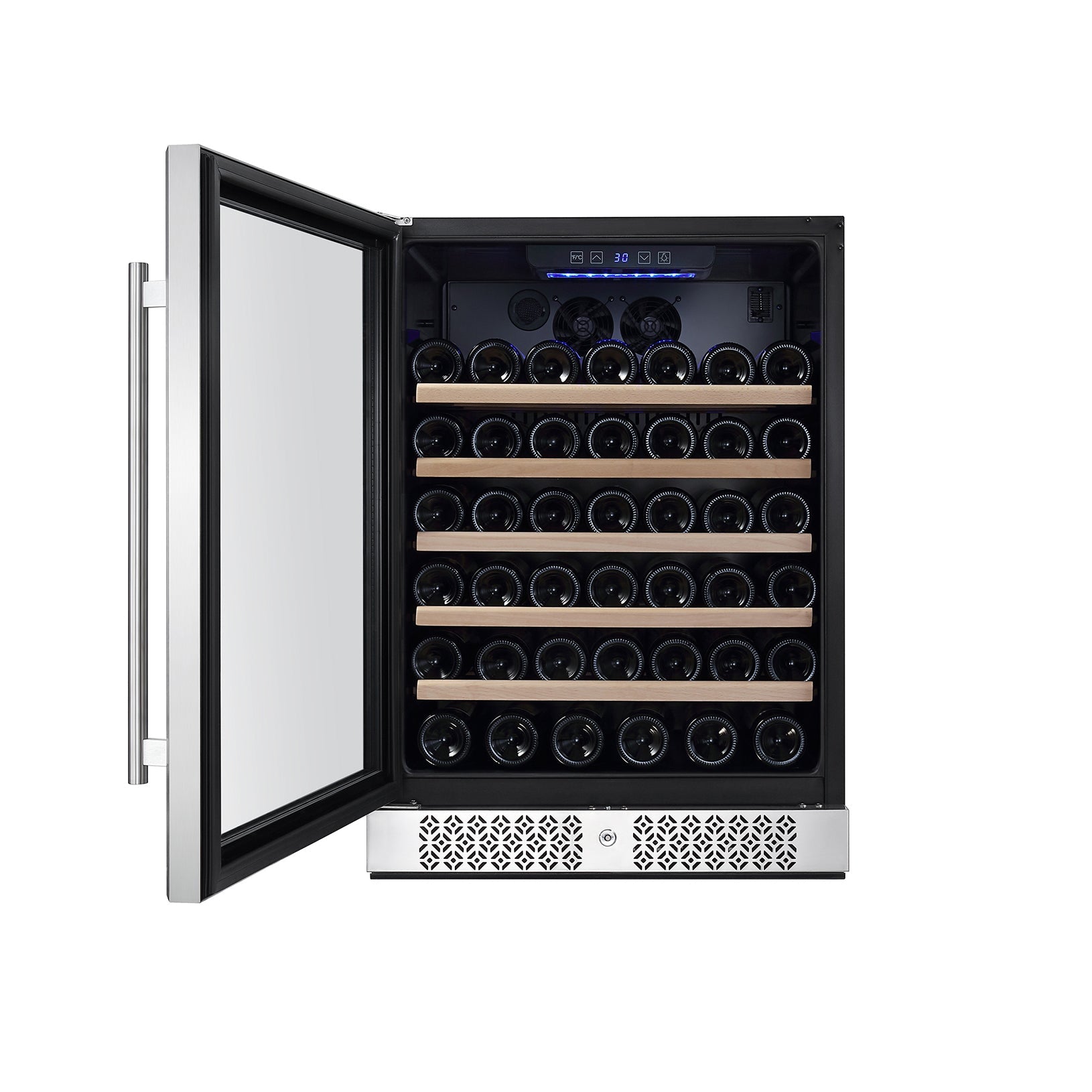 The Empava 24 Inch Wine Cooler Wine Fridge 52 Bottles features an open display showcasing multiple rows of wine bottles within a stainless steel frame and glass door. Part of the Empava appliances collection, it includes wooden shelves and a digital temperature control panel in the top inner section, while the bottom section is outfitted with a vent grille.