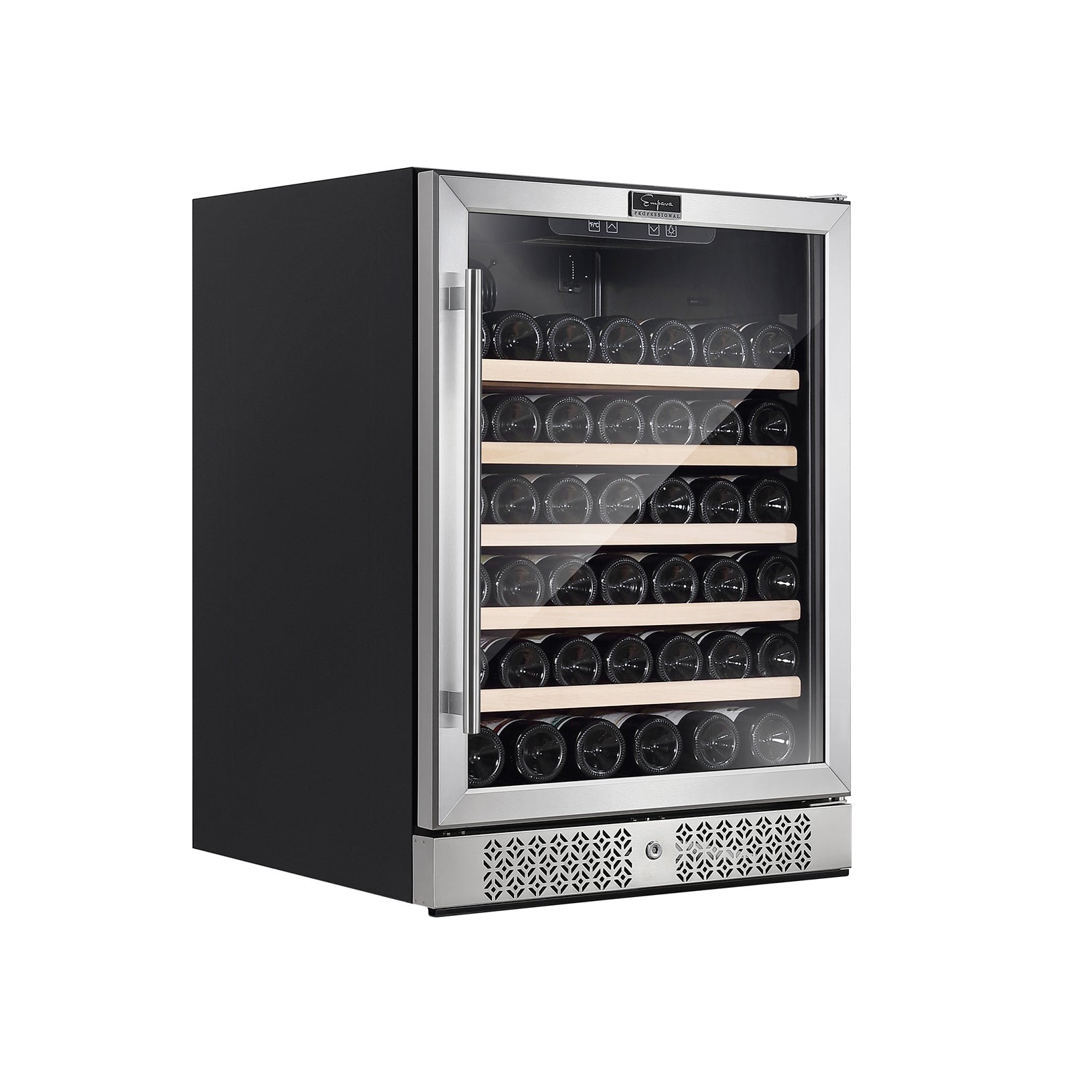 The Empava 24 Inch Wine Cooler Wine Fridge 52 Bottles is a sleek, modern appliance with a stainless steel frame, glass door, and a digital temperature display at the top. It features black shelves with wooden accents that can hold multiple rows of wine bottles, and has a vent at the bottom for cooling.