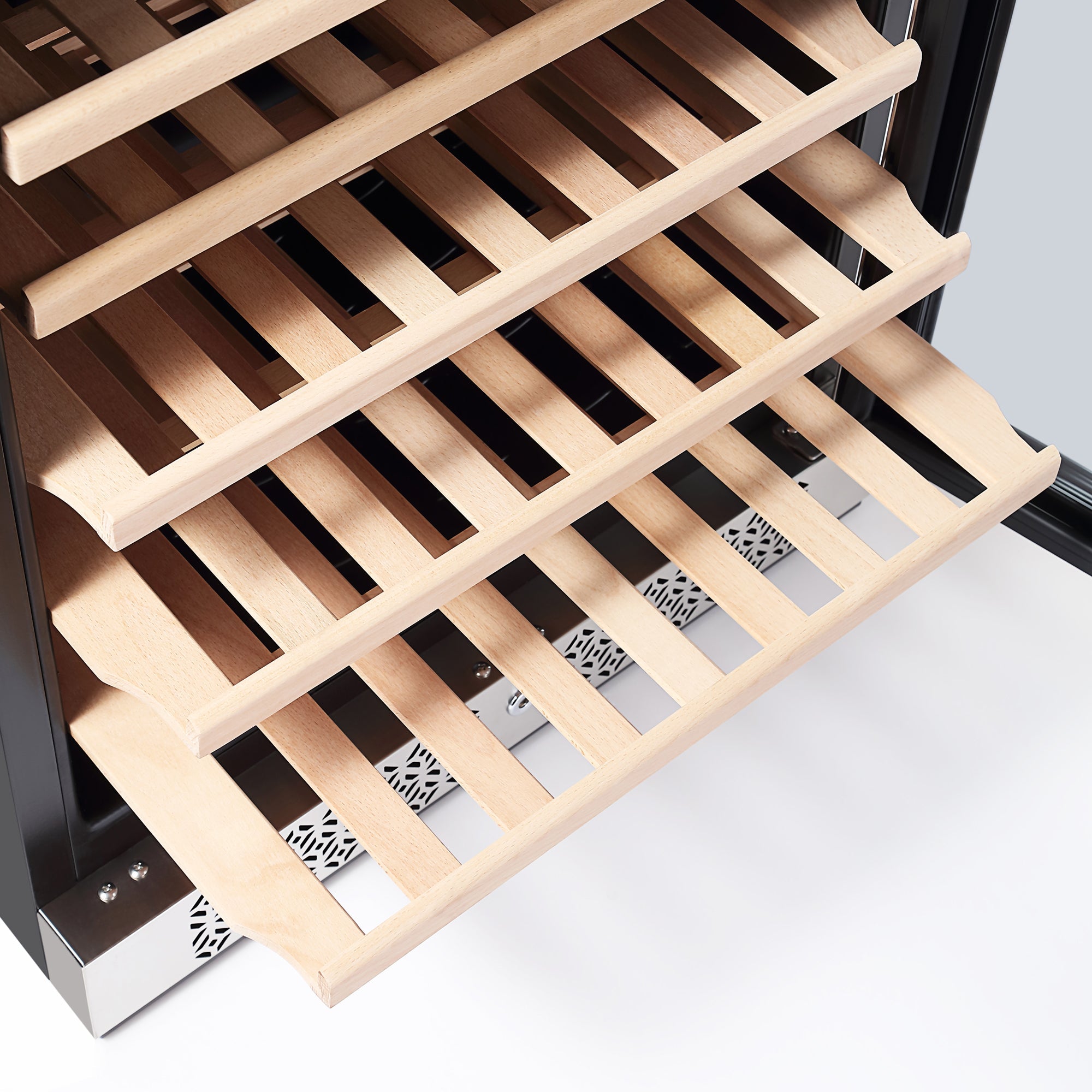 A close-up image of the Empava 24 Inch Wine Cooler, capable of holding 52 bottles, features several wooden shelves arranged in parallel rows. The shelves are slightly pulled out to showcase their slatted design. The interior of the wine fridge appears clean and modern.