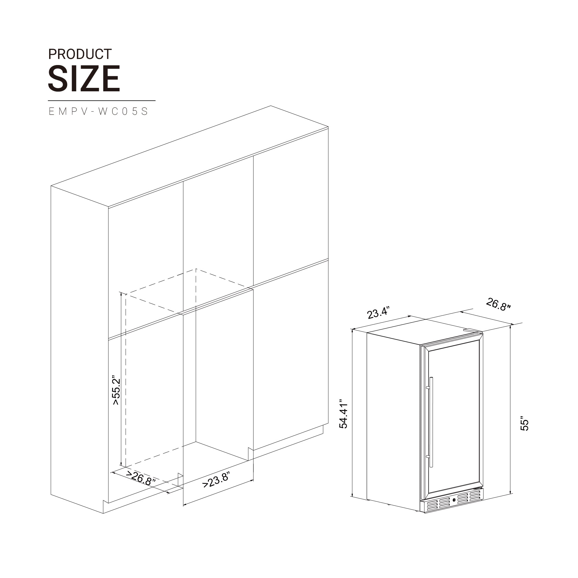 A technical drawing showing the dimensions of the built-in Empava 24" Wine Cooler 55" Tall Wine Refrigerator. The refrigerator measures 55 inches in height, 23.4 inches in width, and 26.8 inches in depth. Additionally, the drawing includes the space dimensions needed for installation.