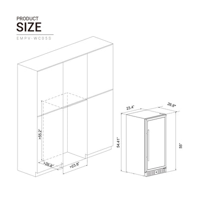 A technical drawing showing the dimensions of the built-in Empava 24" Wine Cooler 55" Tall Wine Refrigerator. The refrigerator measures 55 inches in height, 23.4 inches in width, and 26.8 inches in depth. Additionally, the drawing includes the space dimensions needed for installation.
