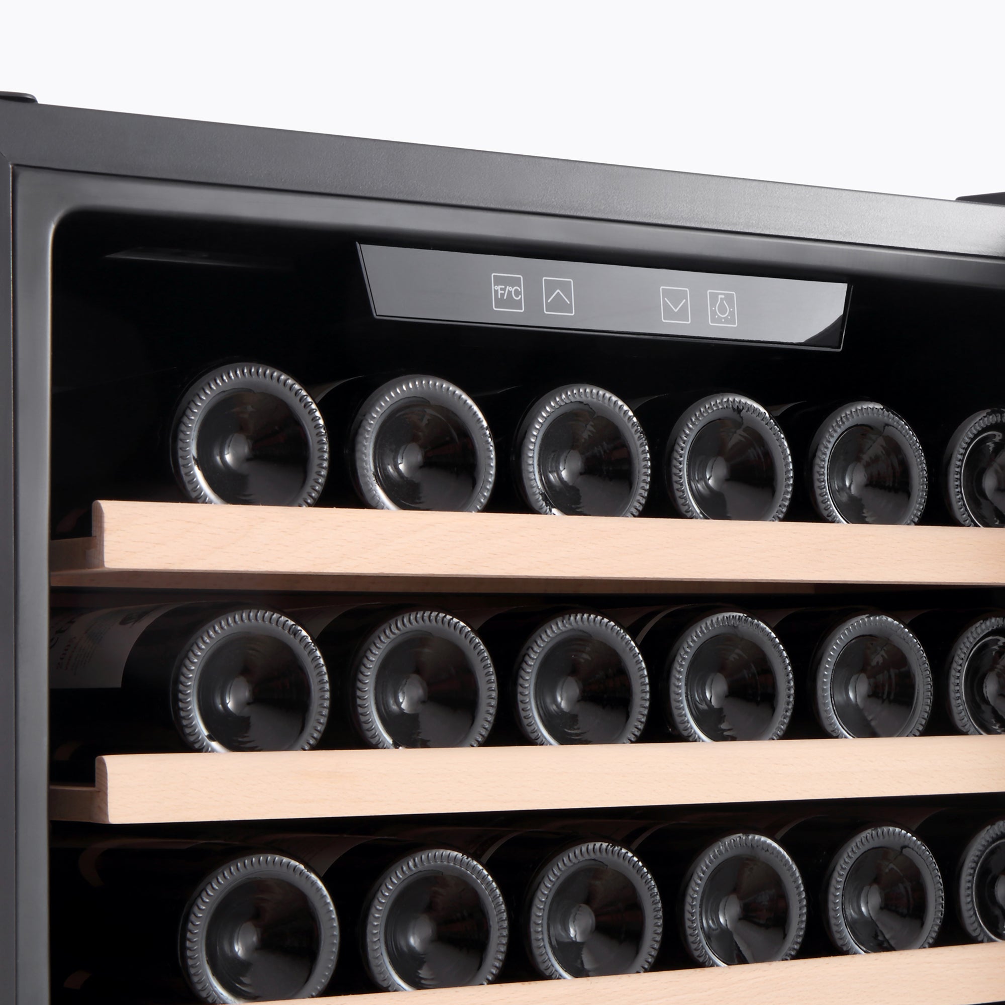 A close-up view of the Empava 24" Wine Cooler 55" Tall Wine Refrigerator showcases three wooden shelves holding rows of wine bottles horizontally. The refrigerator features a digital control panel at the top with various icons. The overall design is modern and sleek.