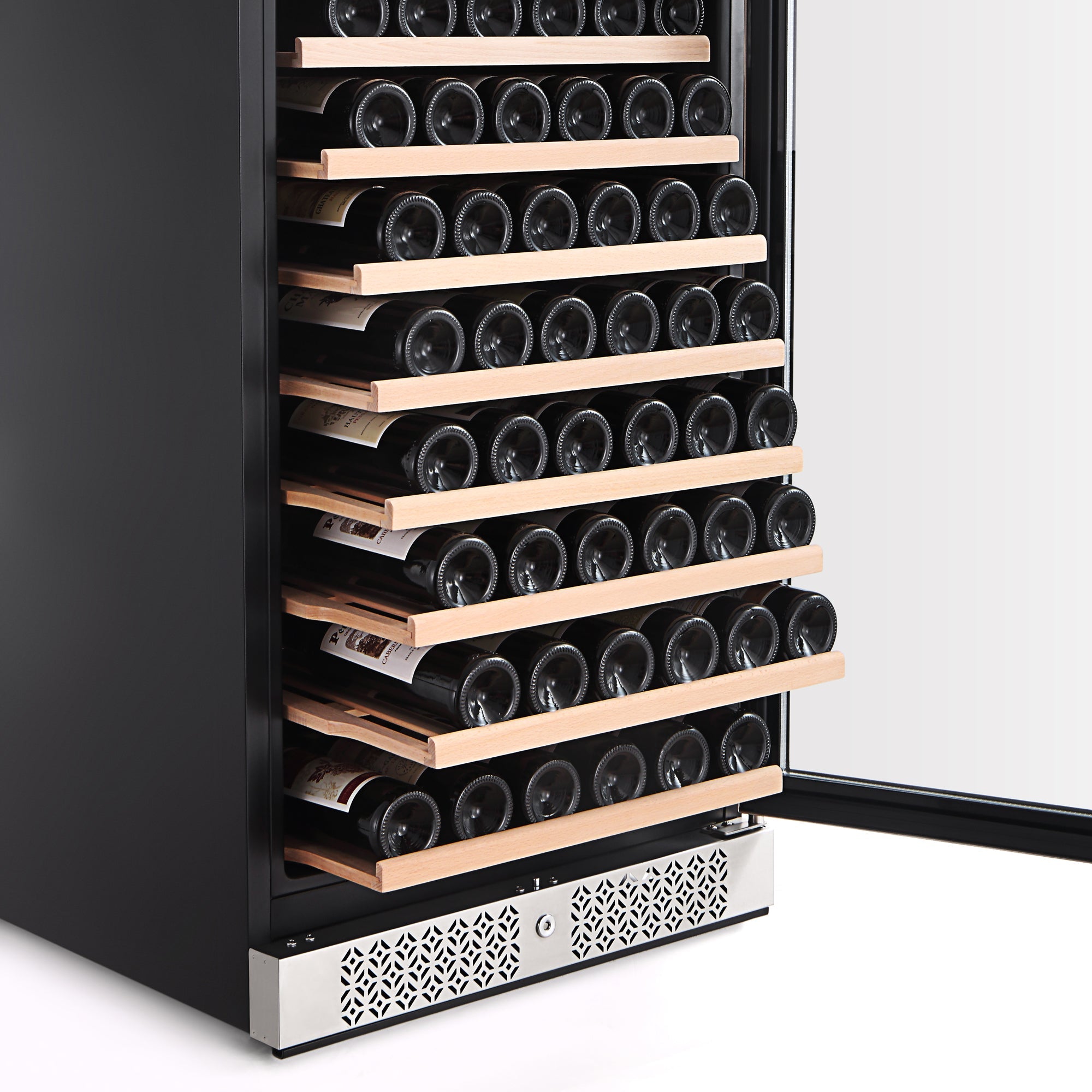 An Empava 24" Wine Cooler, standing 55 inches tall, showcases a sleek black exterior with a glass door left ajar. Inside, multiple wooden shelves neatly cradle horizontally stored wine bottles. A metallic vent graces the bottom of this impeccably organized wine refrigerator, with all the bottles facing uniformly in one direction.