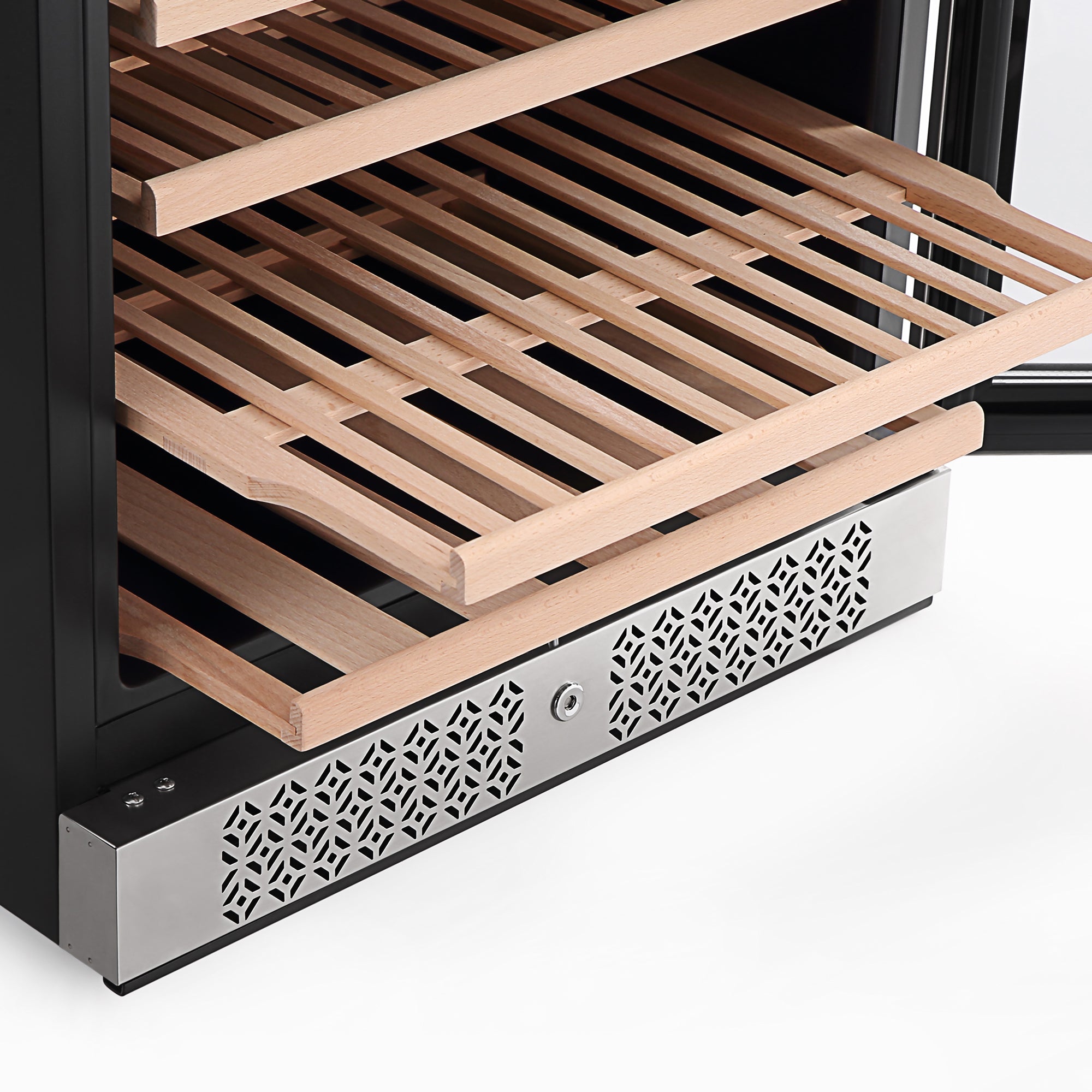 A close-up view of the Empava 24" Wine Cooler 55" Tall Wine Refrigerator with wooden shelves designed to hold bottles horizontally. The bottom features a metallic vent with a decorative pattern, and the cooler door is slightly open, revealing the first shelf partially pulled out.