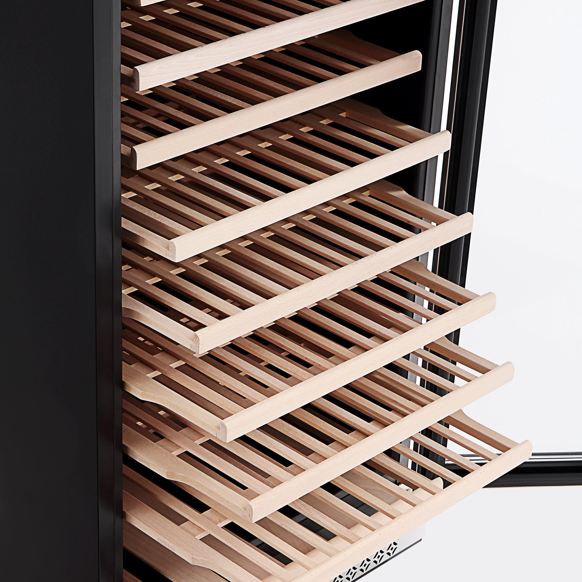 A close-up of the Empava 24" Wine Cooler 55" Tall Wine Refrigerator showcases its modern, black finish and multiple extended wooden slatted shelves. The empty shelves highlight the interior storage space designed for wine bottles. The open door reveals a sleek, minimalist design.