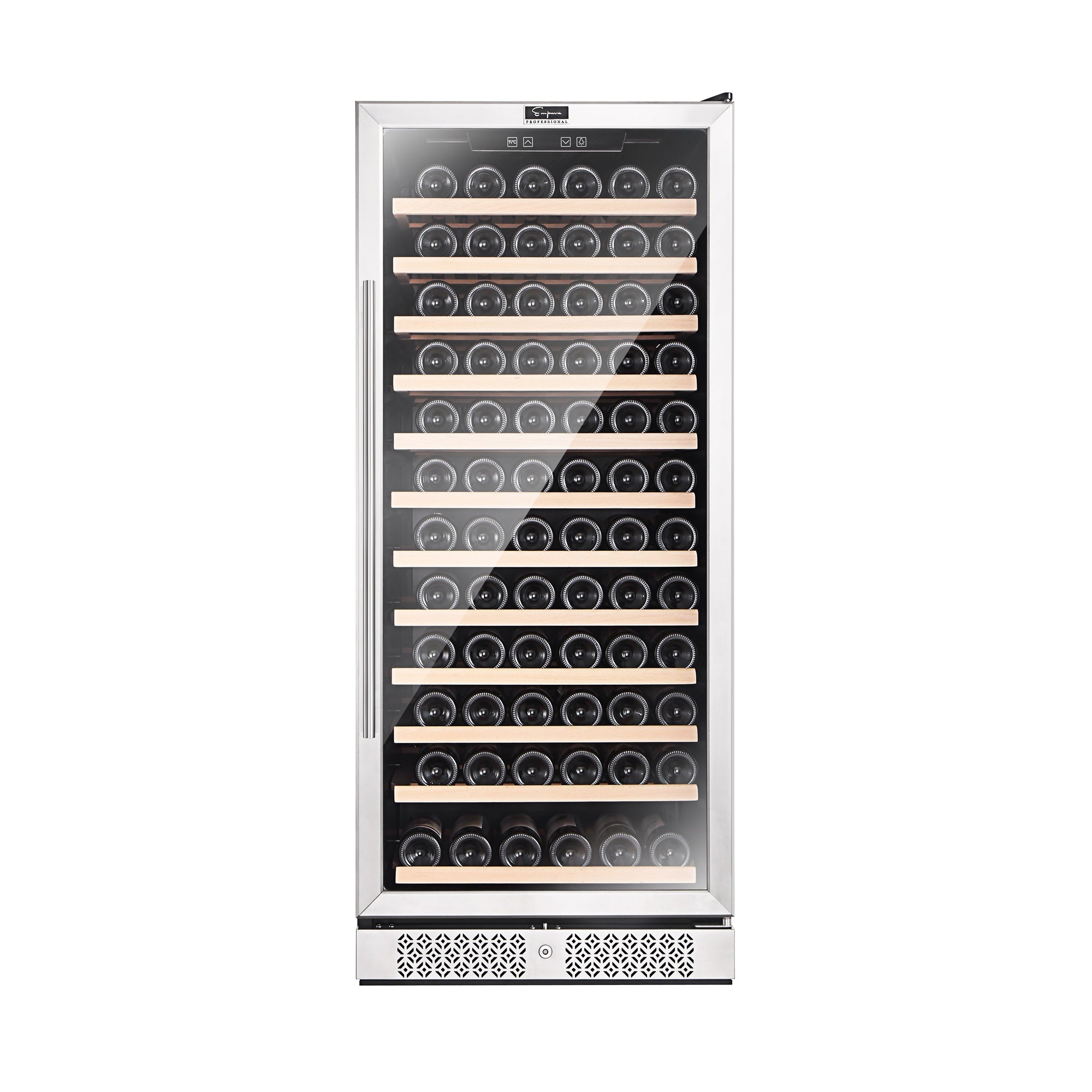 The Empava 24" Wine Cooler 55" Tall Wine Refrigerator boasts a sleek stainless steel design with a glass door that beautifully showcases numerous bottles of wine stored horizontally on elegant wooden racks. The control panel is conveniently situated at the top of the door, while a vent is visible at the bottom for optimal functionality.