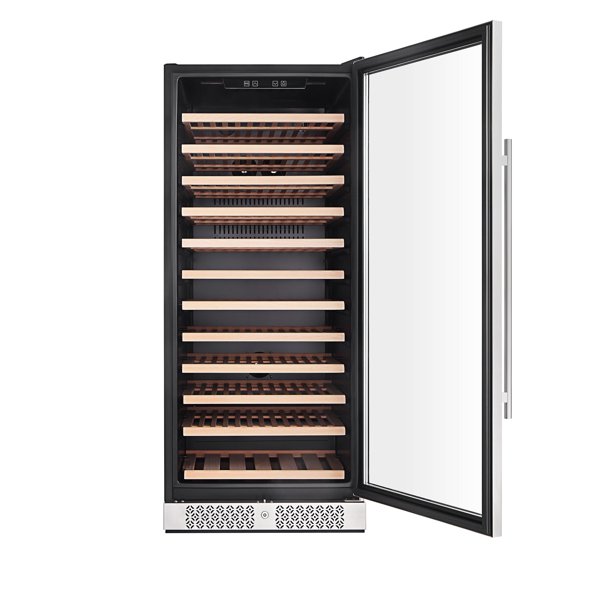 The Empava 24" Wine Cooler, a 55" tall wine refrigerator by Empava appliances, features a sleek, modern design with a glass door that is open, revealing multiple wooden shelves inside. The shelves are empty, except for the promise of fine vintages to come, and the cooler showcases a temperature display at the top.