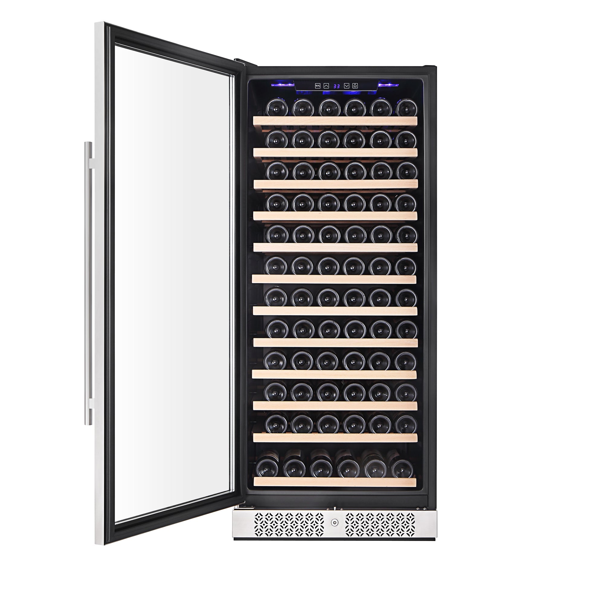 The Empava 24" Wine Cooler 55" Tall Wine Refrigerator, featuring a sleek stainless steel design and a glass door, stands open to reveal neatly lined shelves filled with numerous wine bottles. The well-lit interior highlights the orderly horizontal rows of bottles, while an electronic control panel is visible at the top inside.